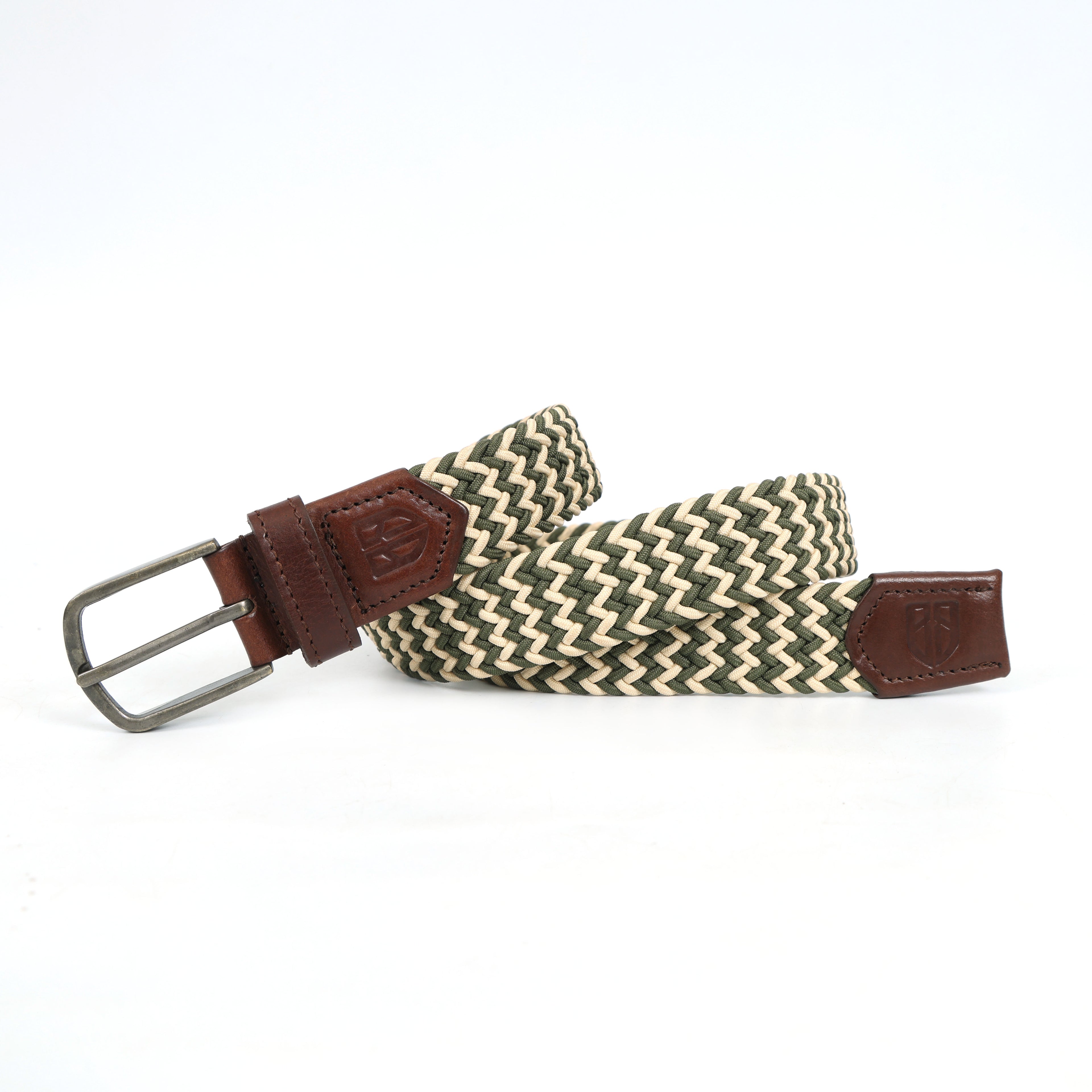 Golf Stretch Belt – Olive & Beige Zigzag with Brown Leather Trim