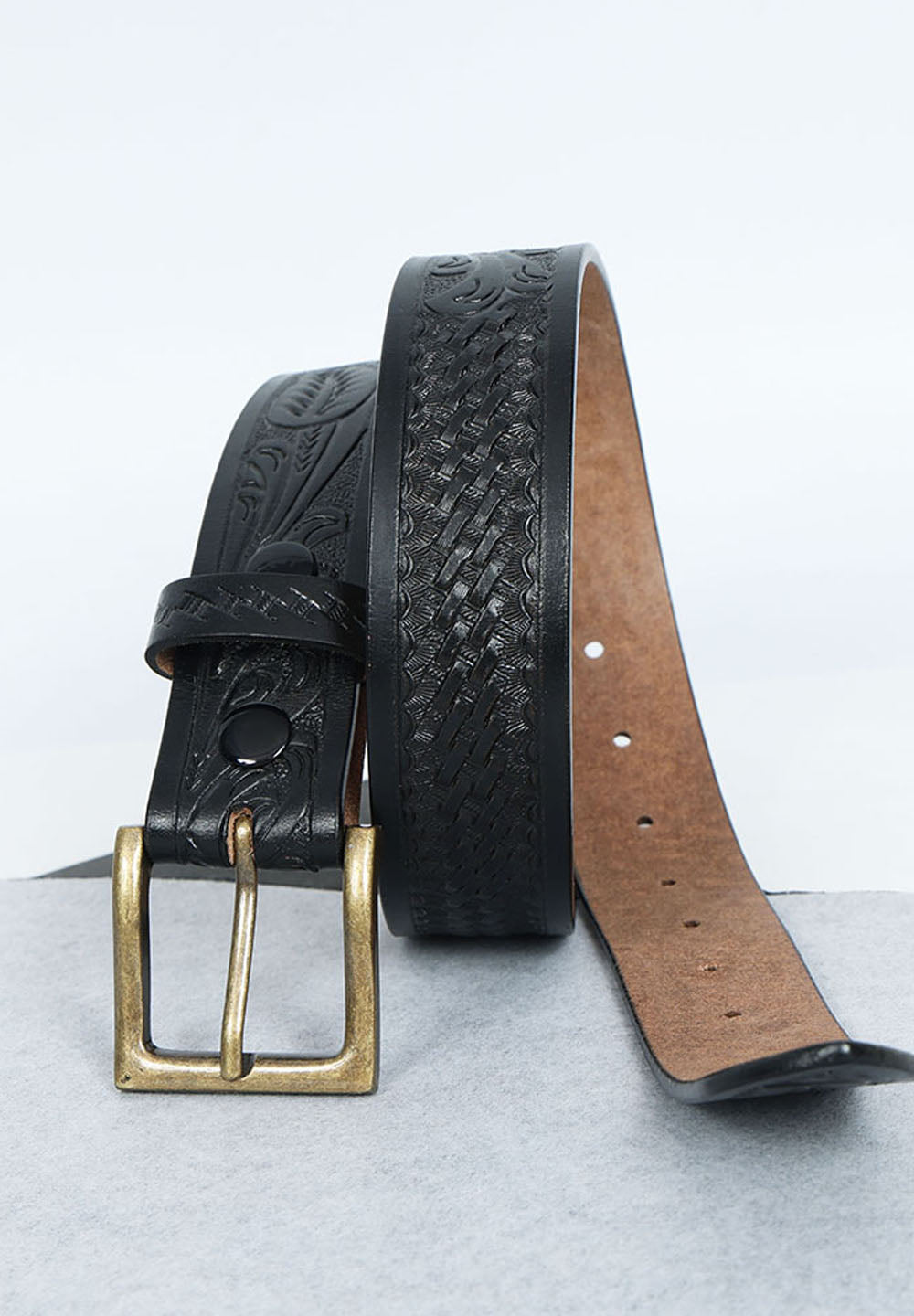 Black Leather Western Belt with Western Engraved Black Buckle + Free Antique Plain Buckle