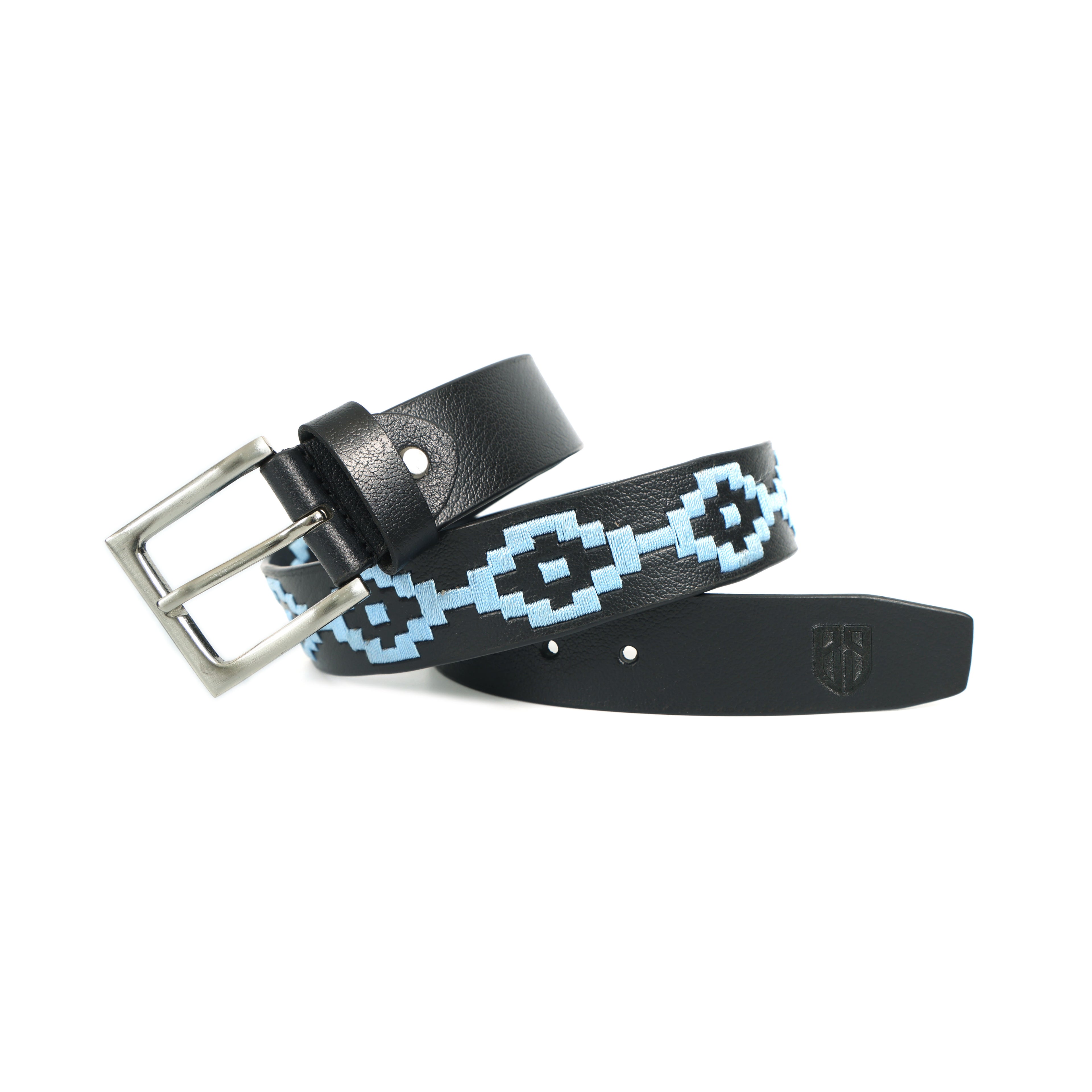 Berbanto Sky Blue Polo Belt – Hand-Embroidered on Premium Full-Grain Black Leather