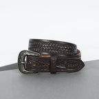 Dark Brown Leather Western Belt with Western Engraved Black Buckle + Free Antique Plain Buckle