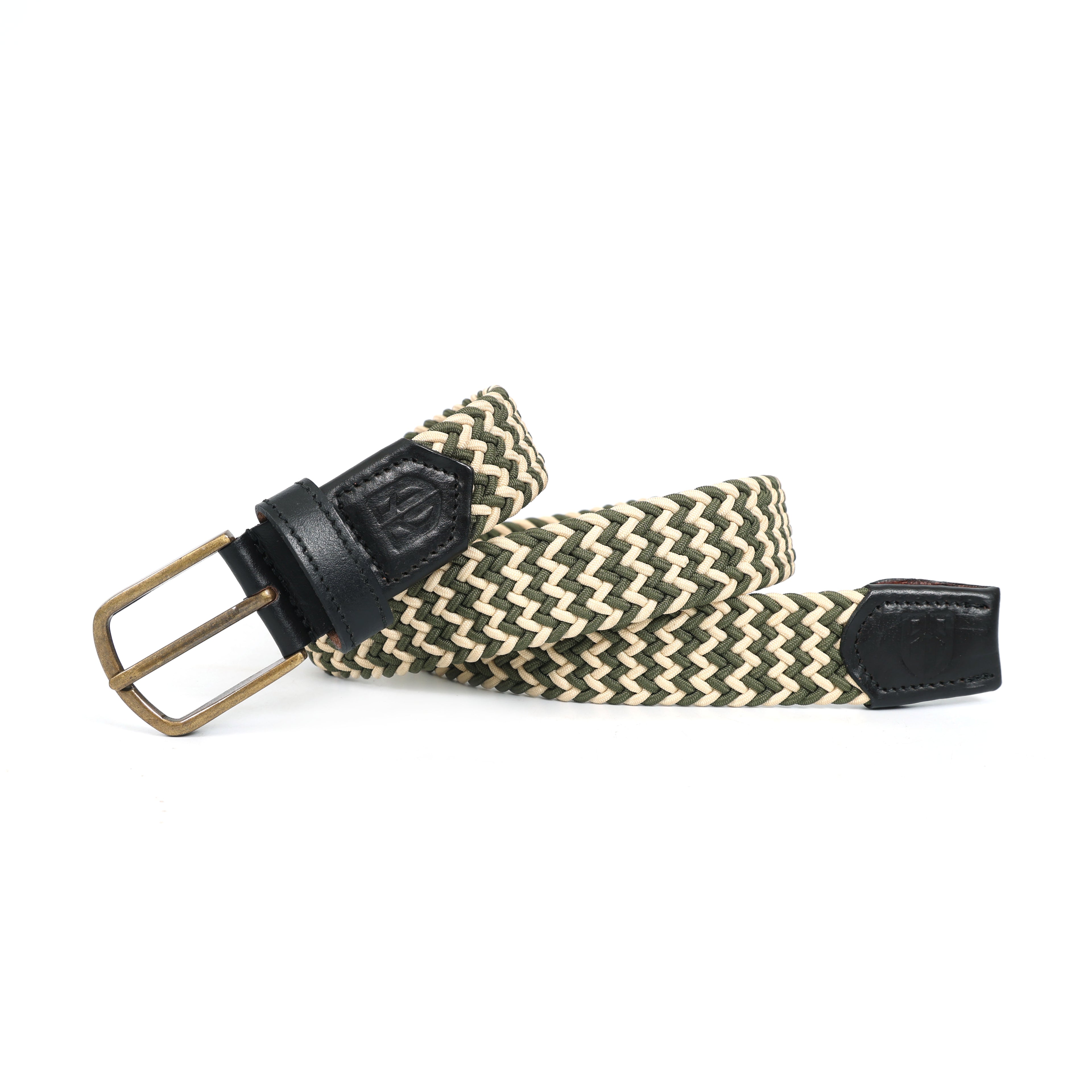 Golf Stretch Belt – Olive & Beige Zigzag with Black Leather Trim
