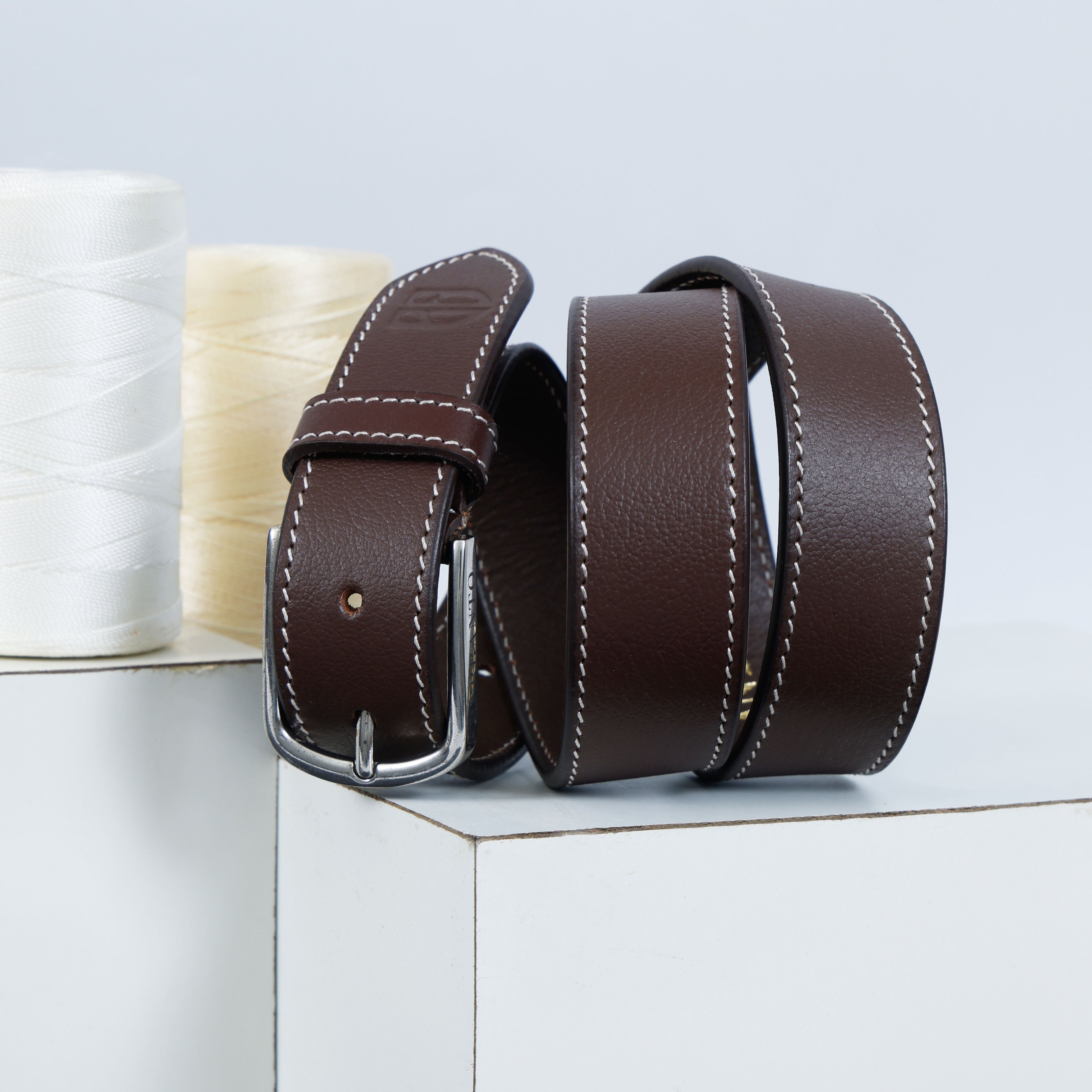 Berbanto Oxford Stitch Leather Belt - Dark Brown