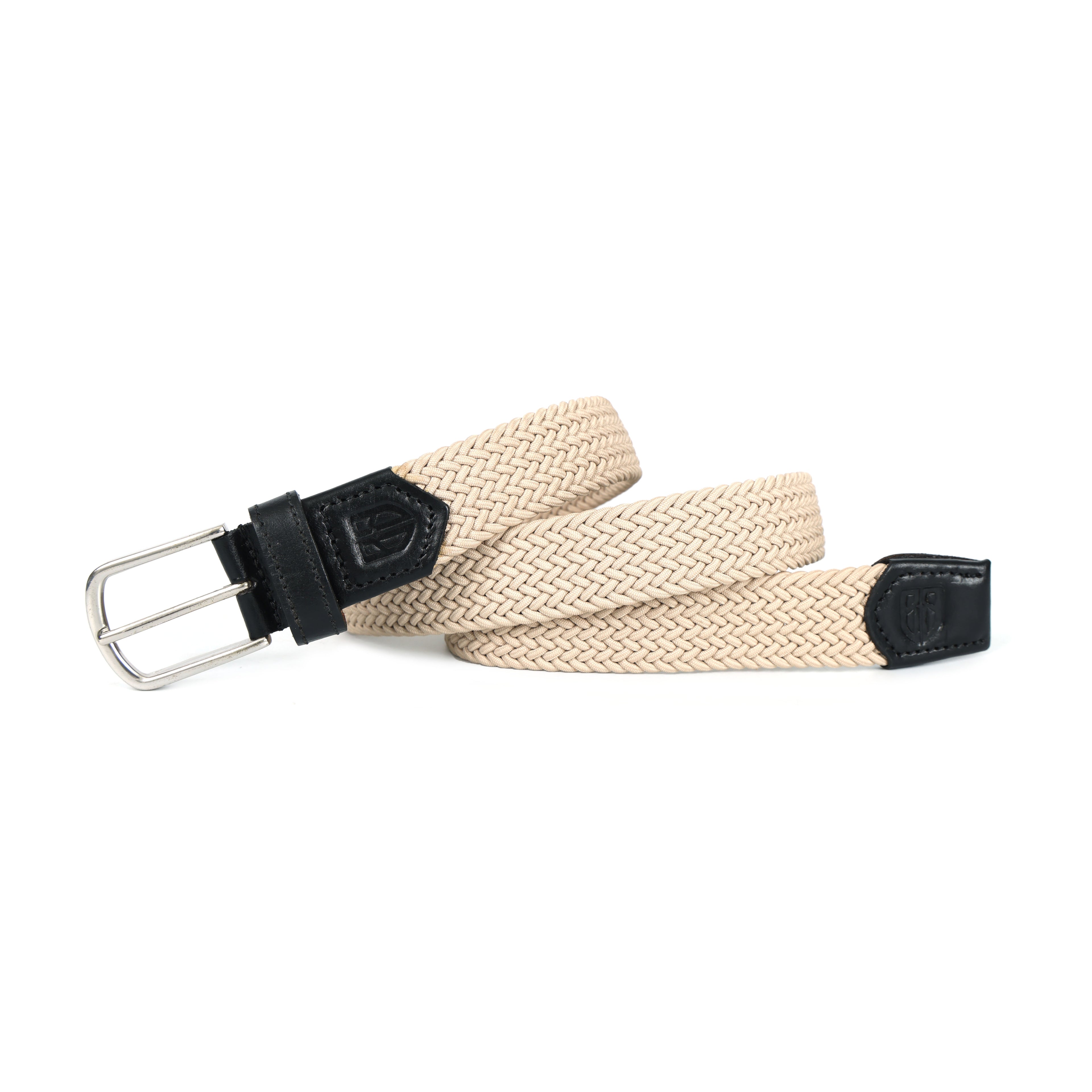 Golf Stretch Belt – Classic Beige with Black Leather Trim