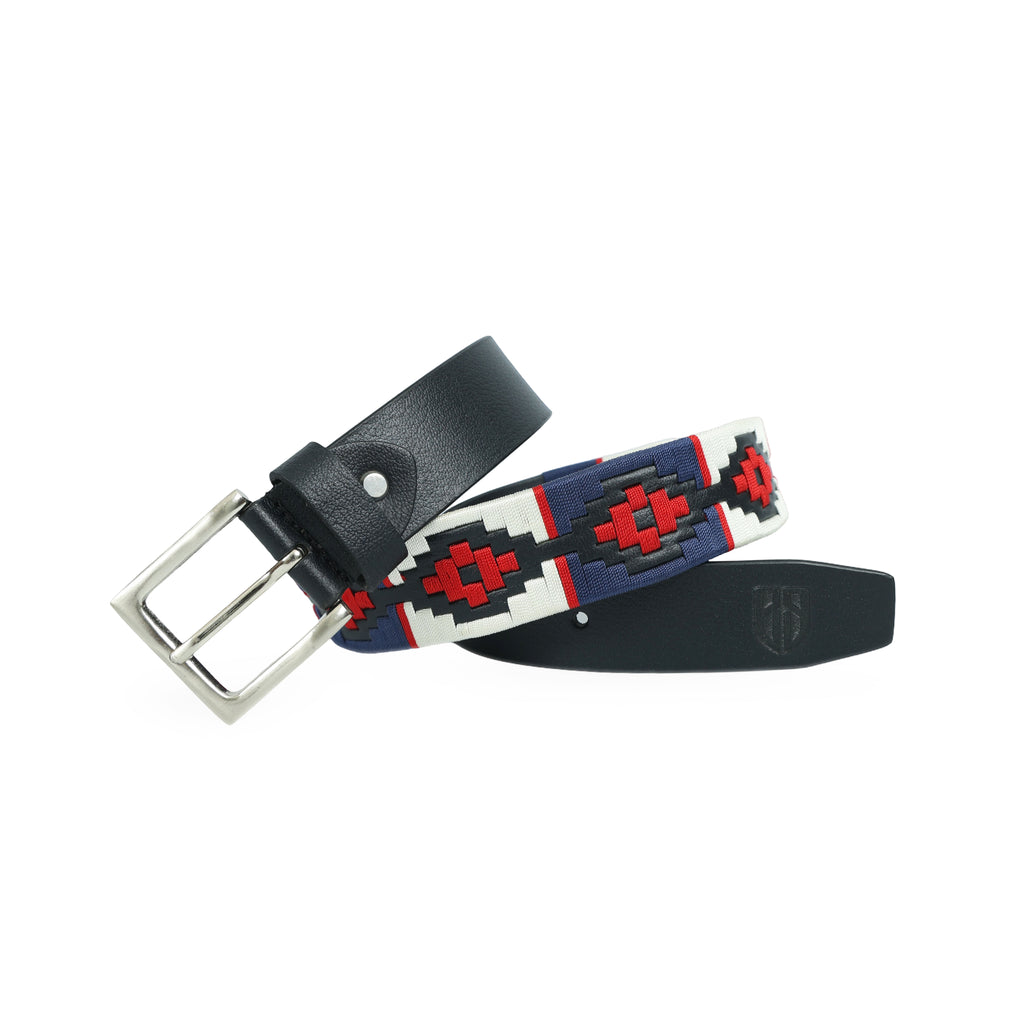 Red, Cream & Navy Polo Belt – Hand-Embroidered Premium Full-Grain Black Leather Belt