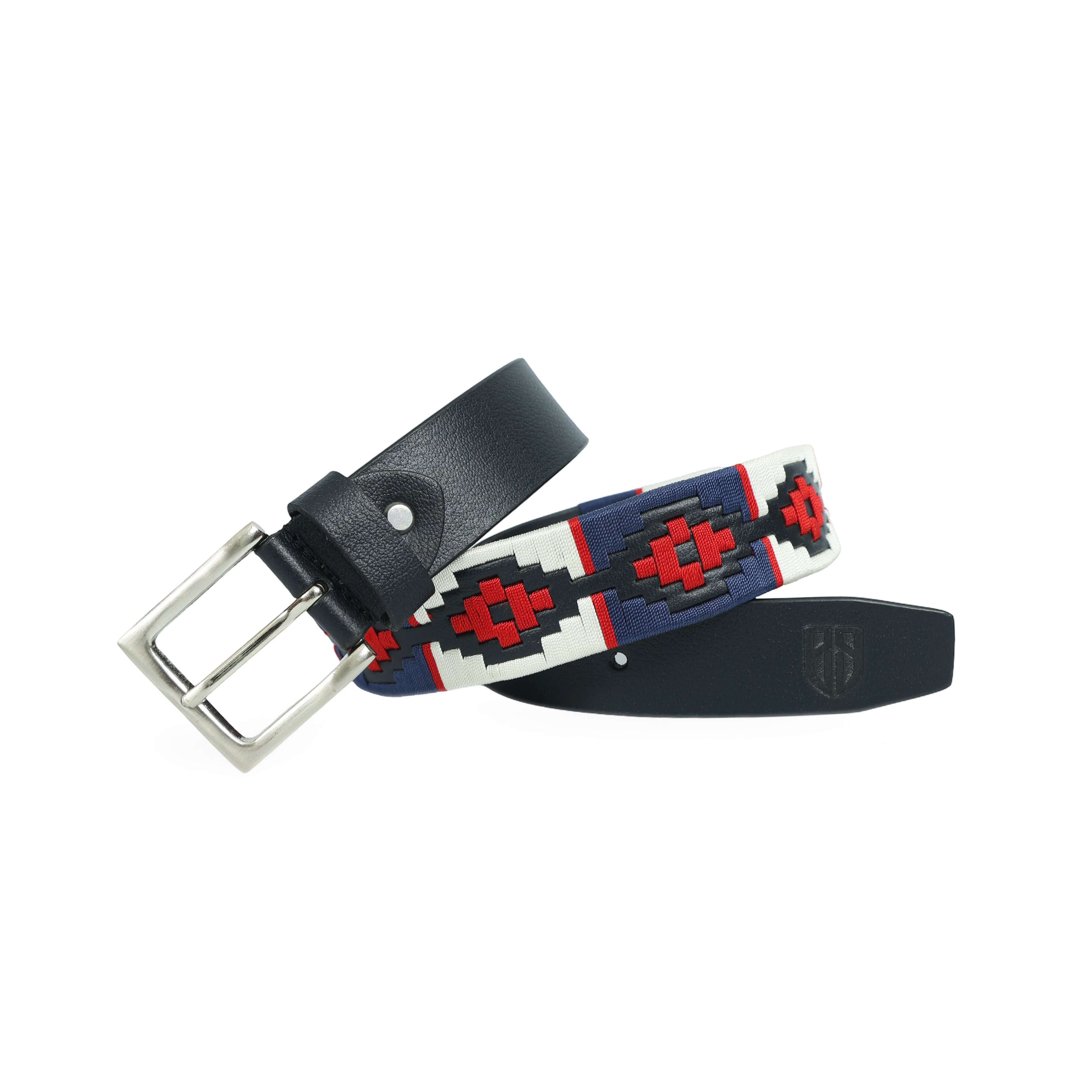 Red, Cream & Navy Polo Belt – Hand-Embroidered Premium Full-Grain Black Leather Belt