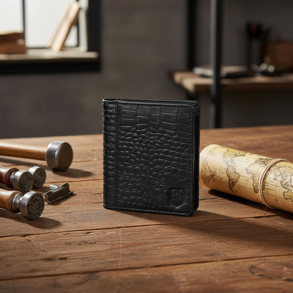 Berbanto Obsidian Croco Bifold Wallet – Full-Grain Leather