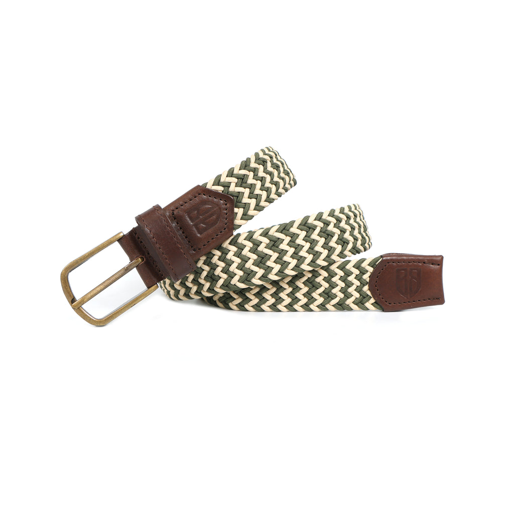 Golf Stretch Belt – Olive & Beige Zigzag with Brown Leather Trim
