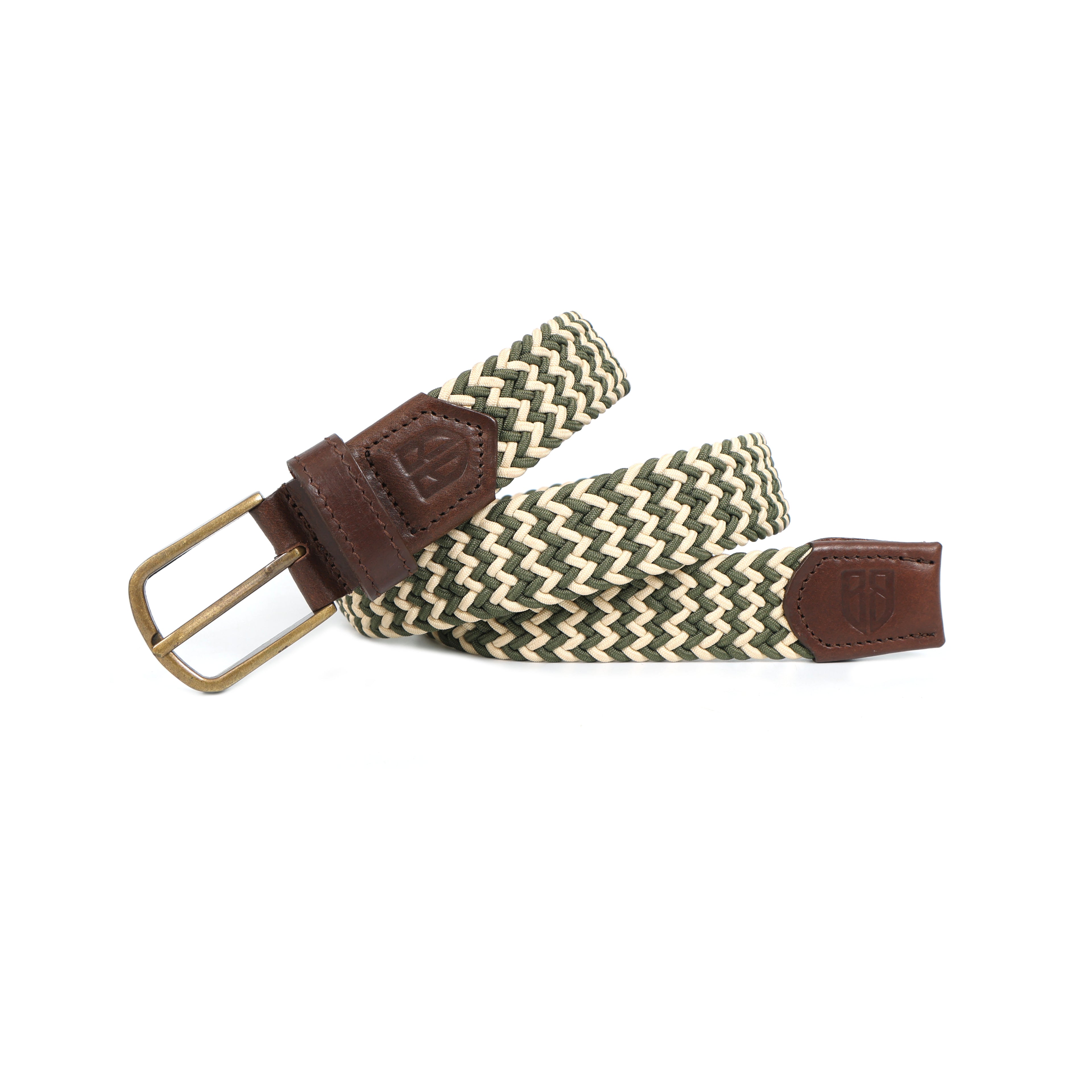 Golf Stretch Belt – Olive & Beige Zigzag with Brown Leather Trim