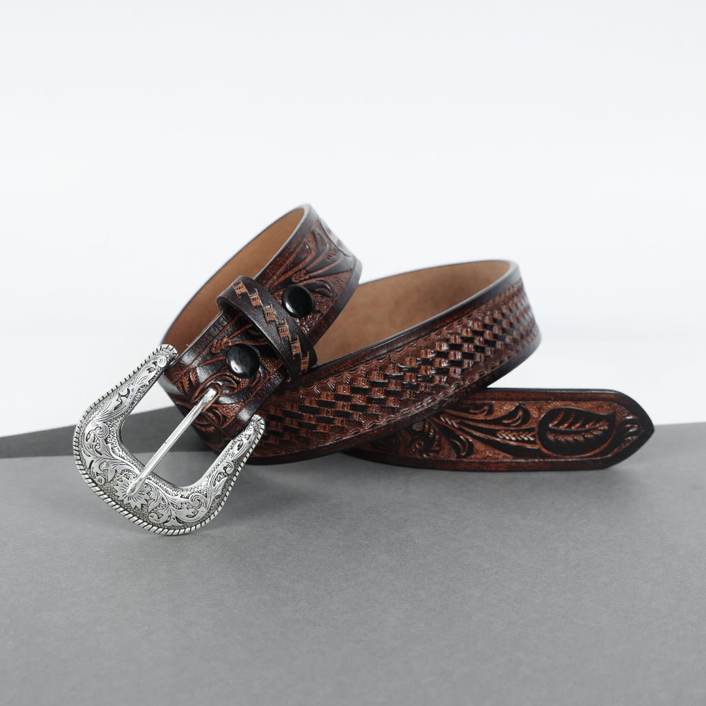 Berbanto Two Tone Brown Leather Western Belt with Western Engraved Silver Buckle + Free Antique Plain Buckle