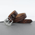 Berbanto Two Tone Brown Leather Western Belt with Western Engraved Silver Buckle + Free Antique Plain Buckle