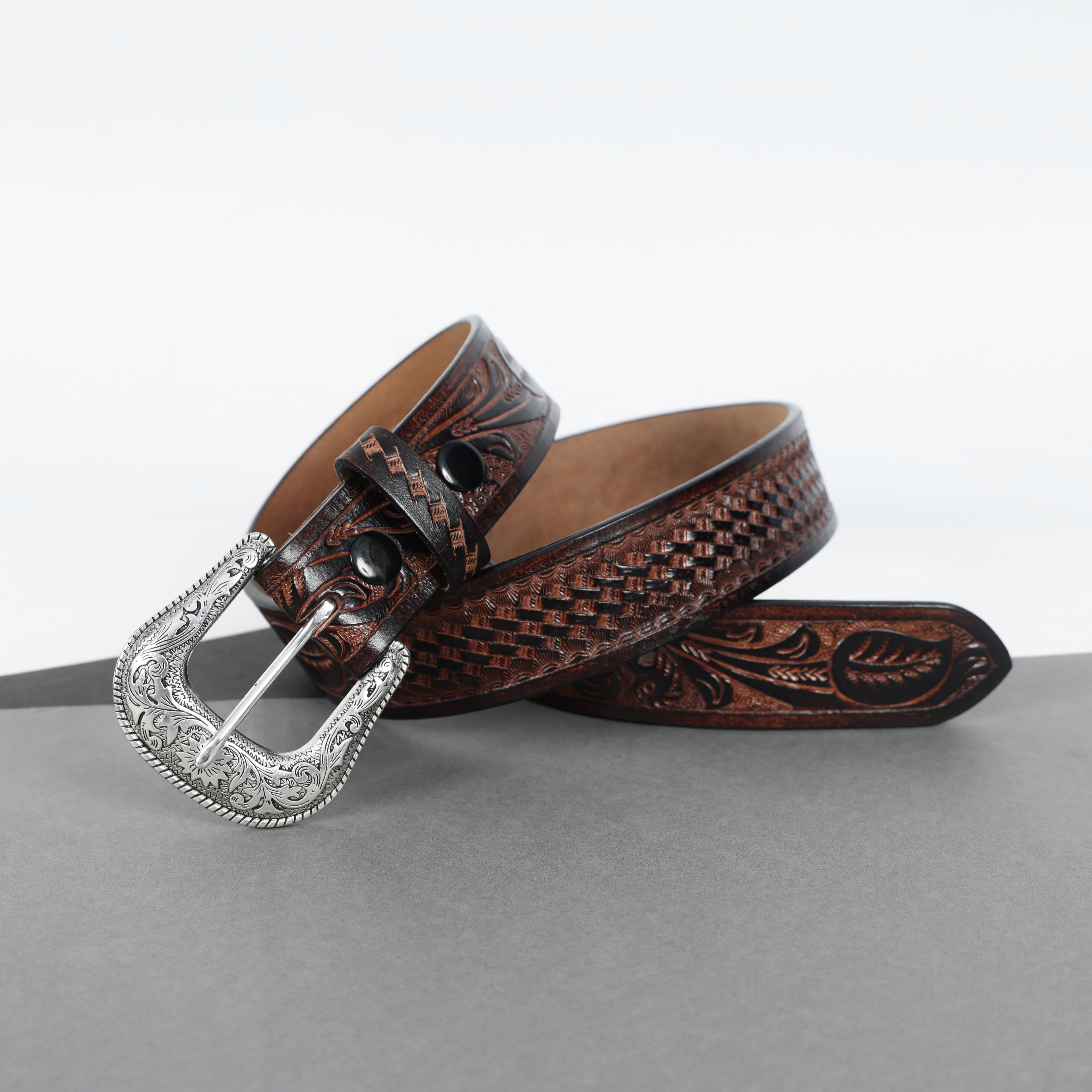 Berbanto Two Tone Brown Leather Western Belt with Western Engraved Silver Buckle + Free Antique Plain Buckle