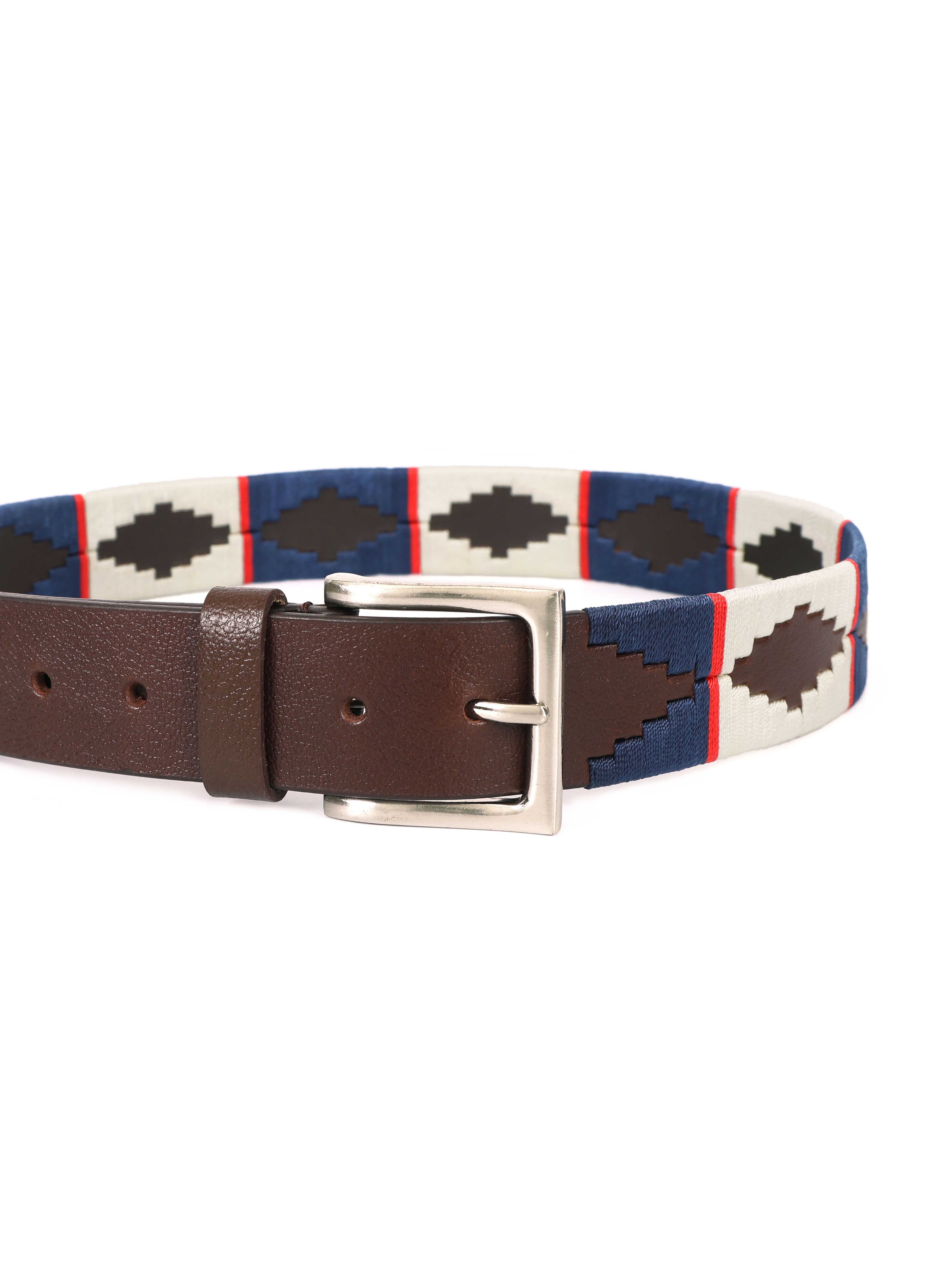 Brown Polo Leather Belt with Blue, Red, and Cream Stitching & Silver Buckle