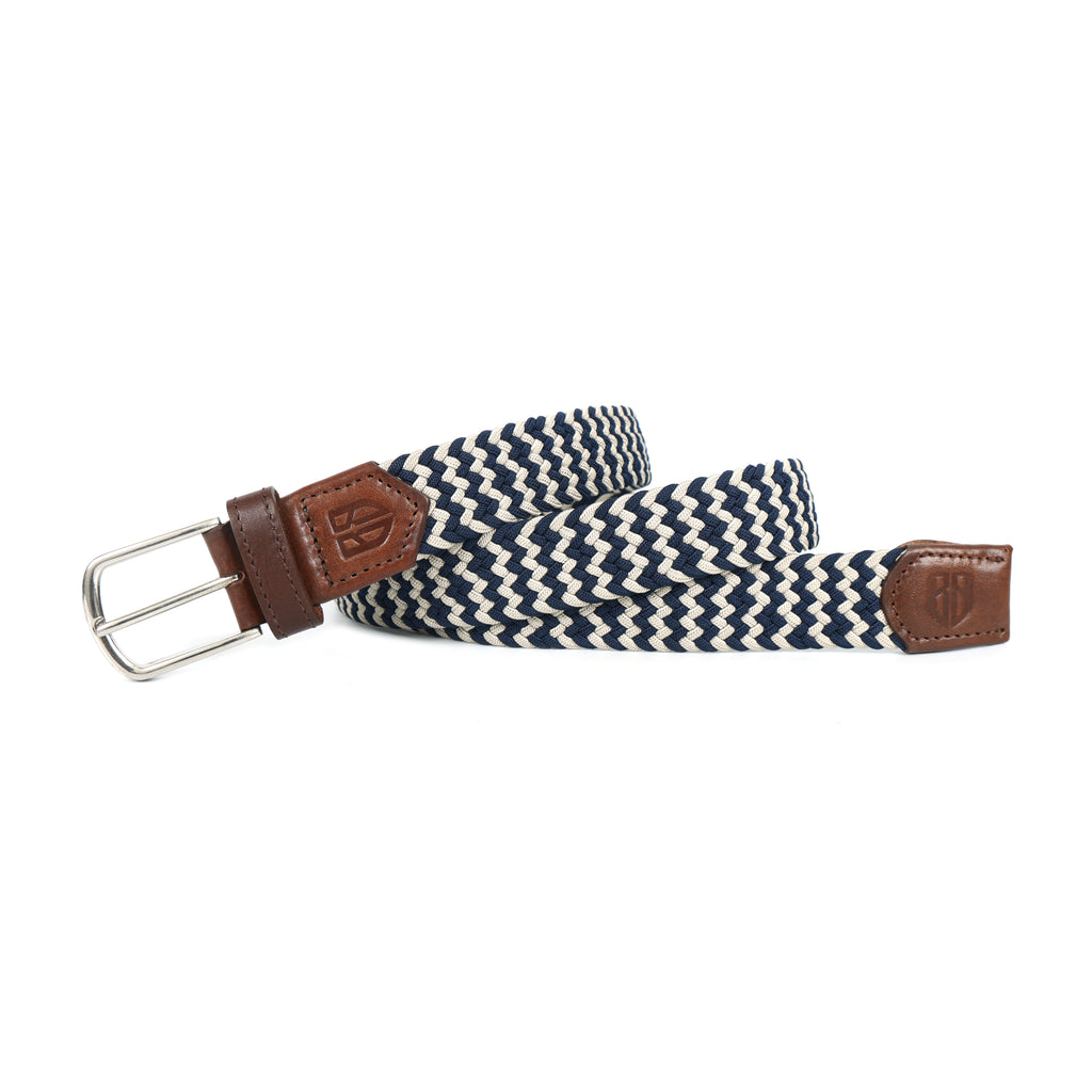 Golf Stretch Belt – Navy & White Chevron with Brown Leather Trim