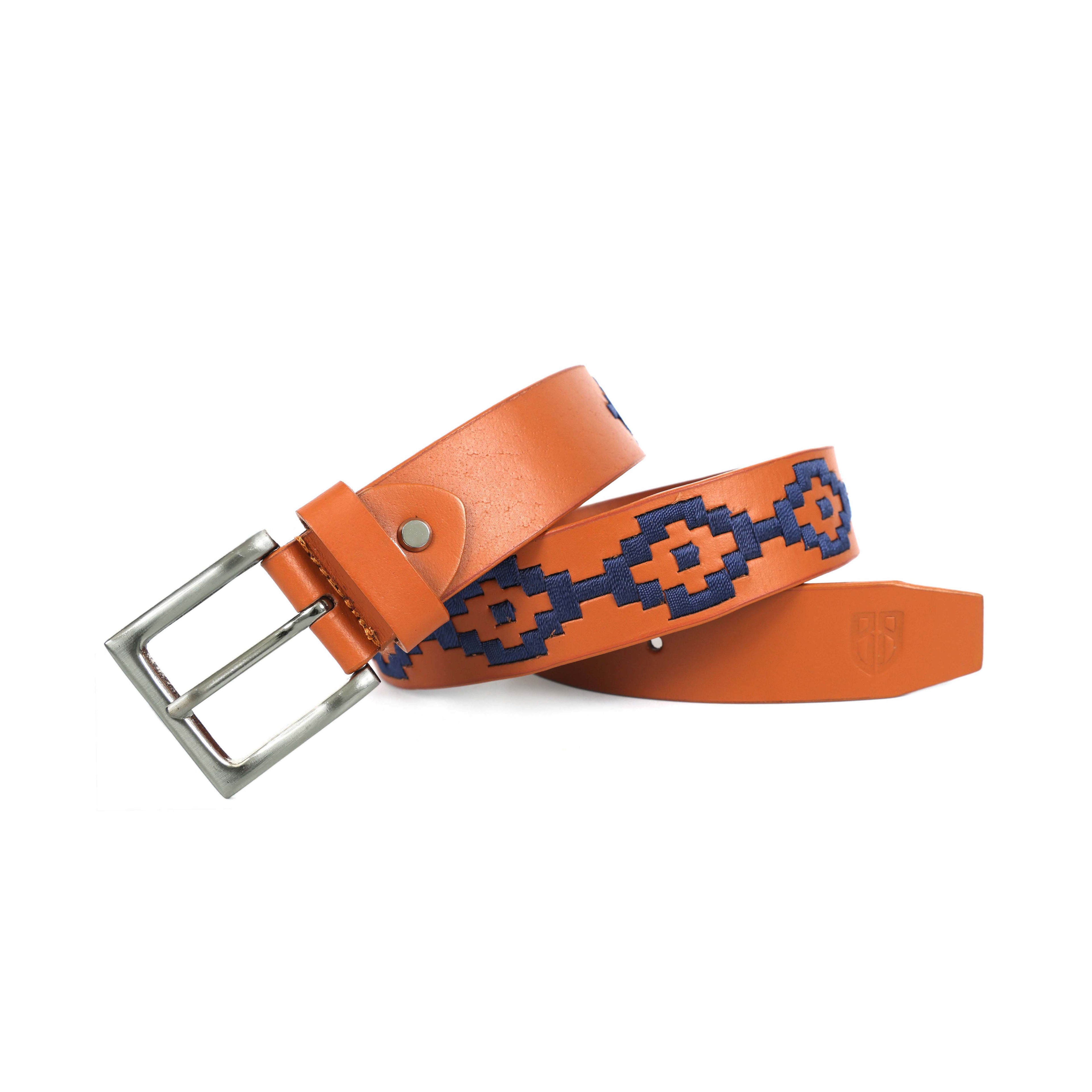 Berbanto Navy Blue Polo Belt – Hand-Embroidered on Premium Full-Grain Tan Leather
