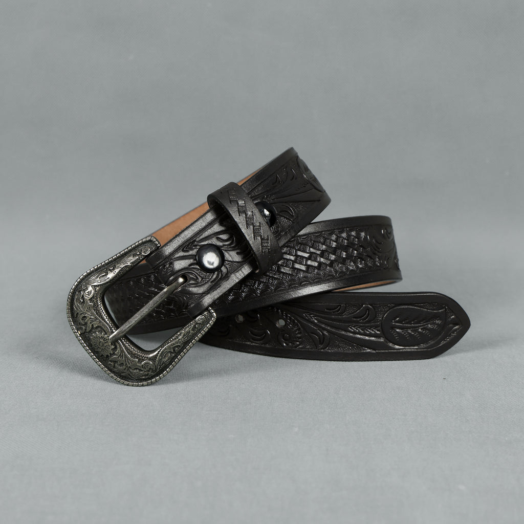 Black Leather Western Belt with Western Engraved Black Buckle + Free Antique Plain Buckle