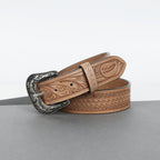 Berbanto Natural Leather Western Belt with Western Engraved Rustic Silver Buckle + Free Antique Plain Buckle