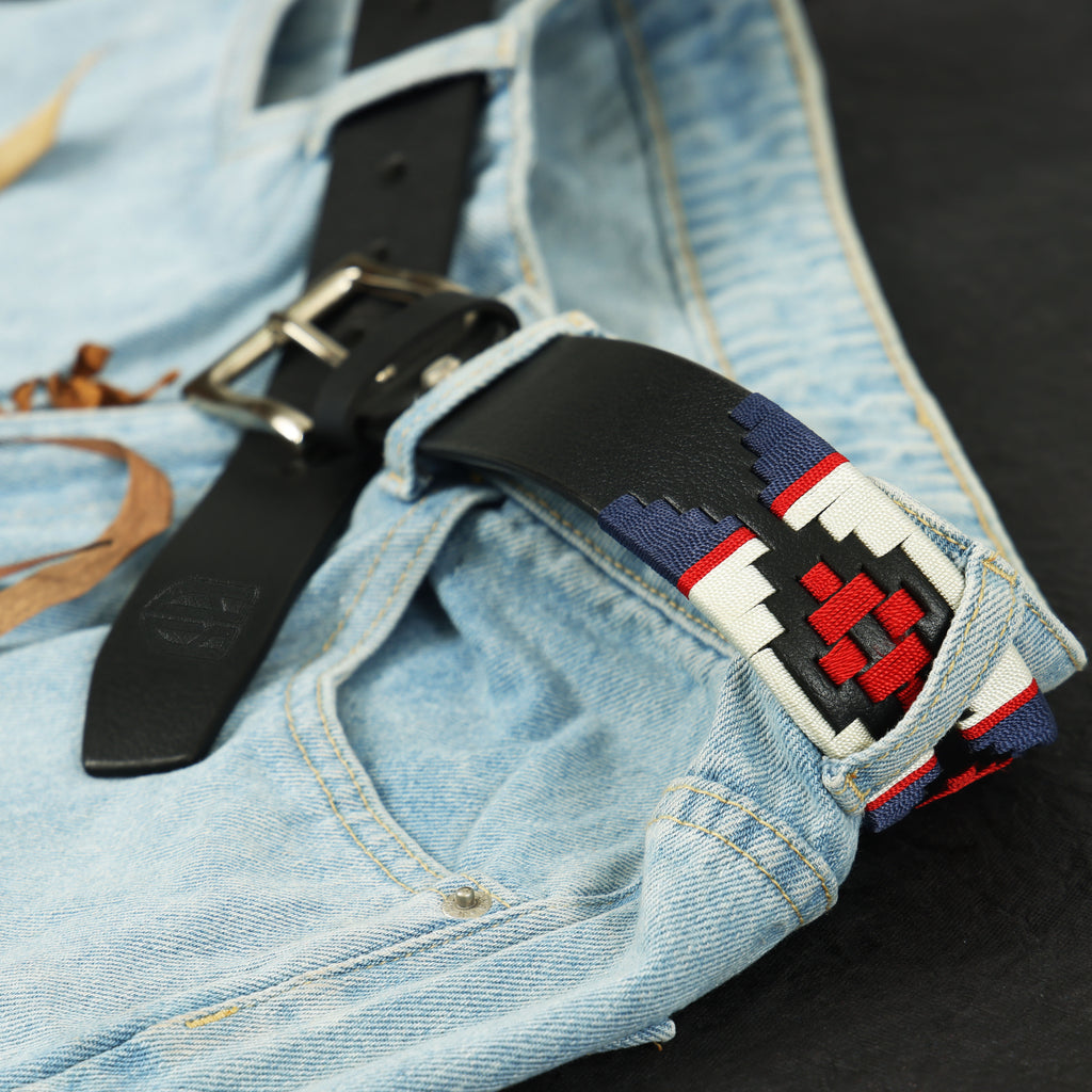 Red, Cream & Navy Polo Belt – Hand-Embroidered Premium Full-Grain Black Leather Belt