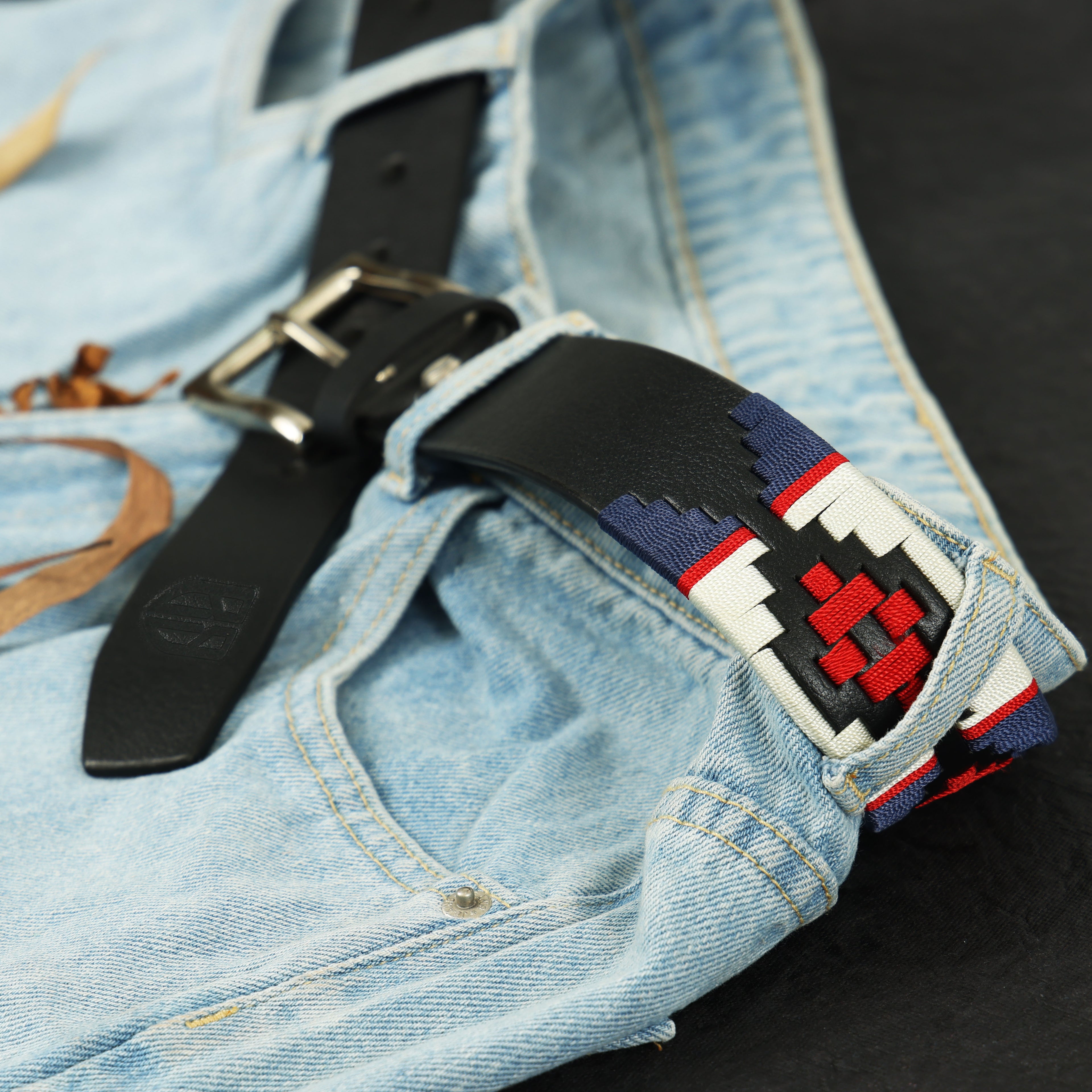 Red, Cream & Navy Polo Belt – Hand-Embroidered Premium Full-Grain Black Leather Belt
