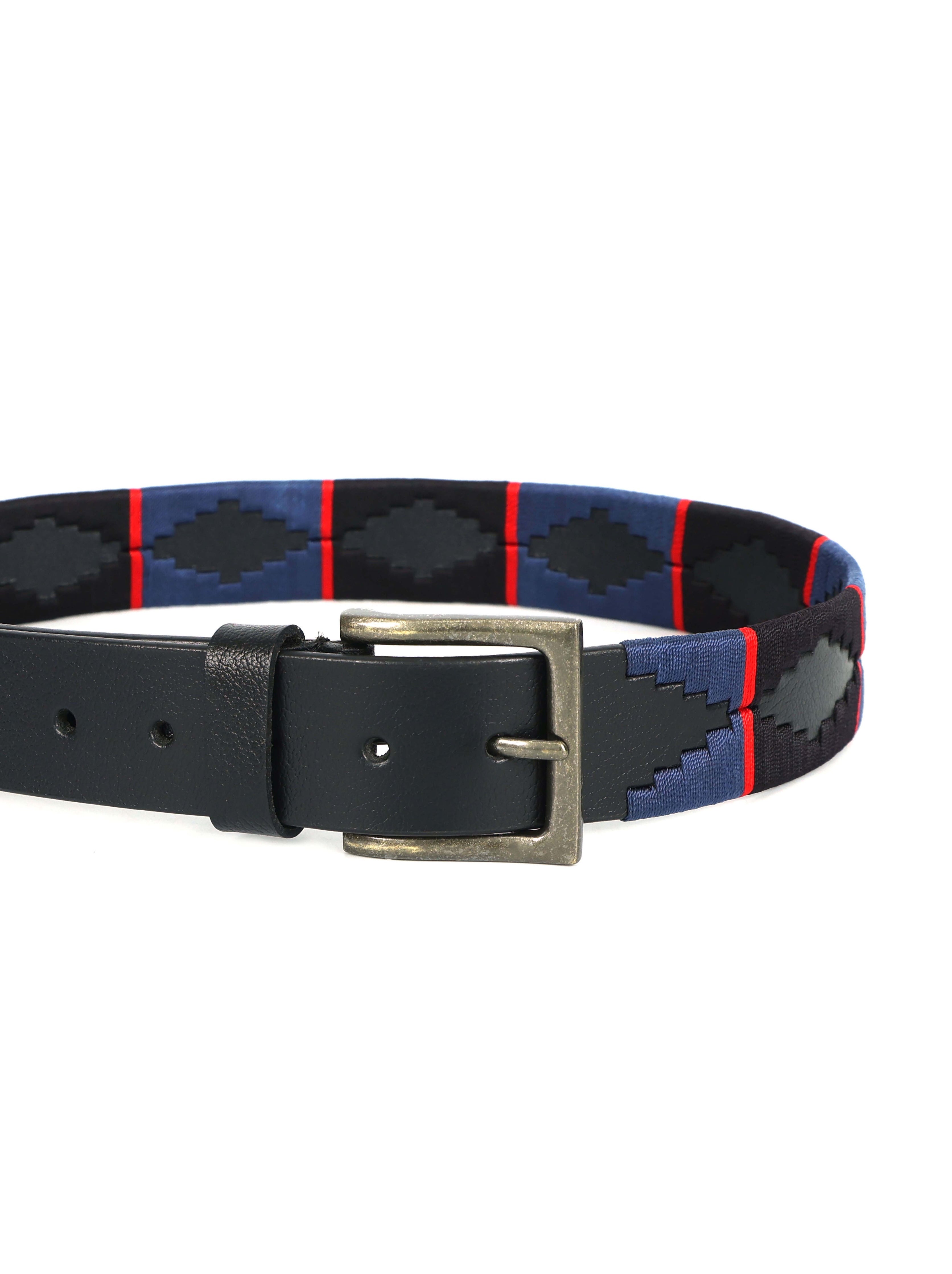 Black, Navy Blue & Red Border Polo Belt – Handcrafted Full-Grain Leather with Navy Detailing
