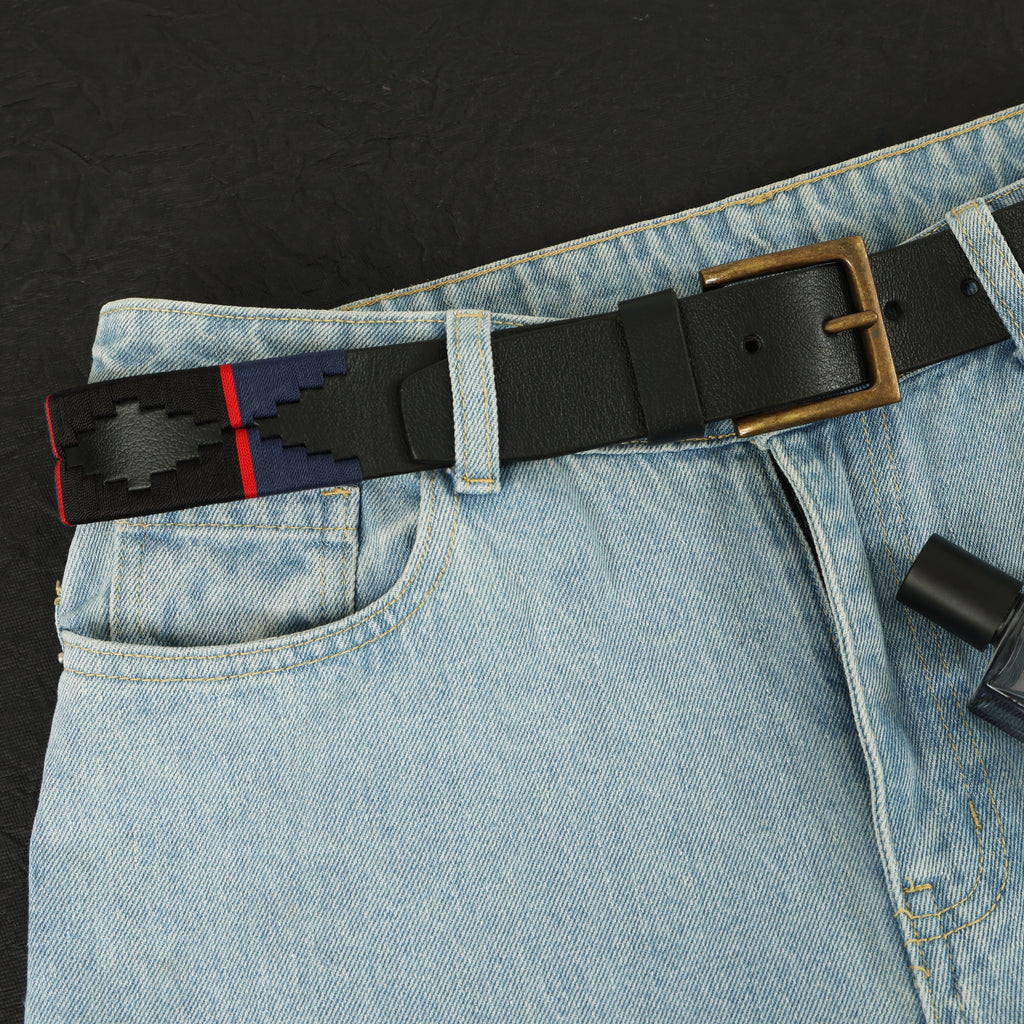 Black, Navy Blue & Red Border Polo Belt – Handcrafted Full-Grain Leather with Navy Detailing