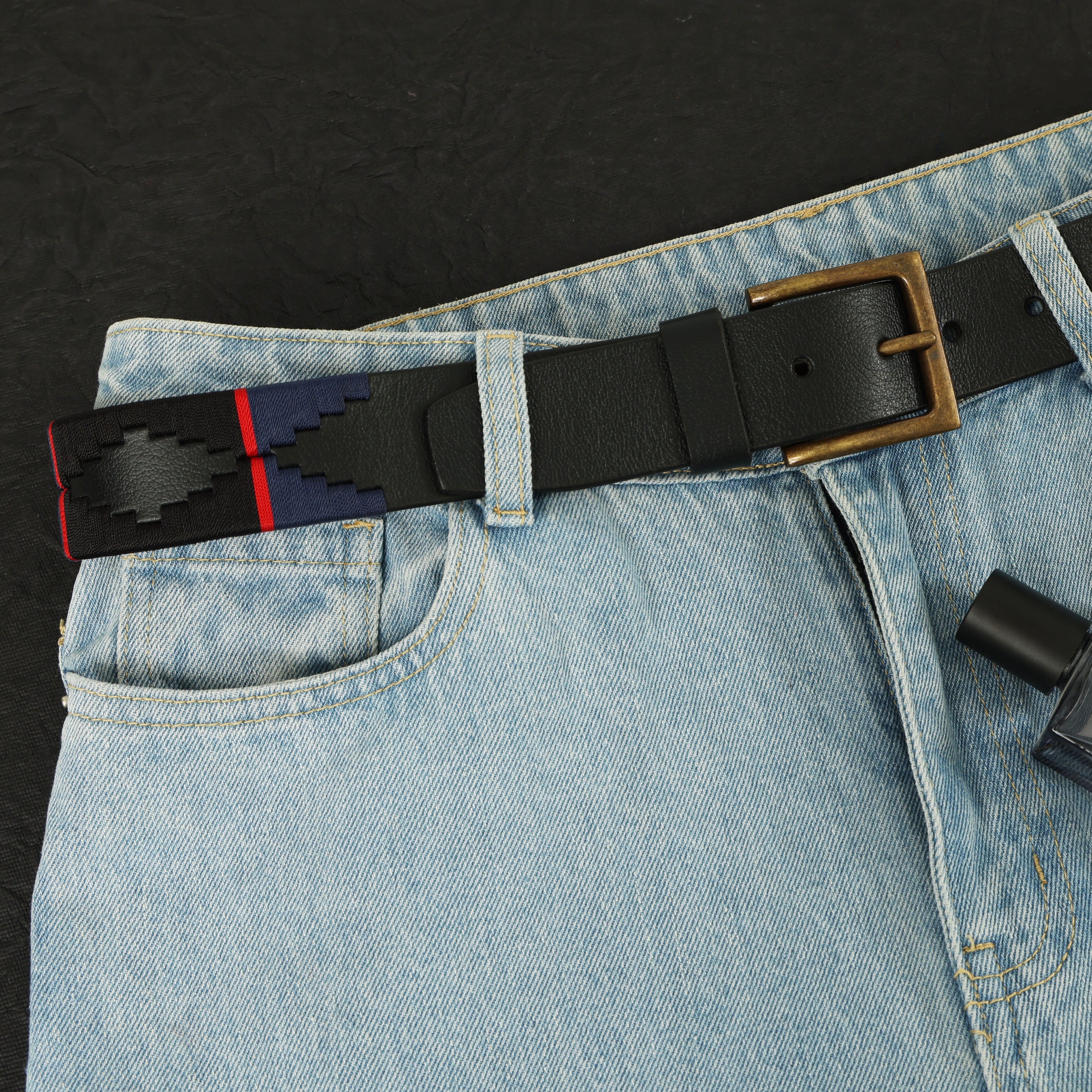 Black, Navy Blue & Red Border Polo Belt – Handcrafted Full-Grain Leather with Navy Detailing