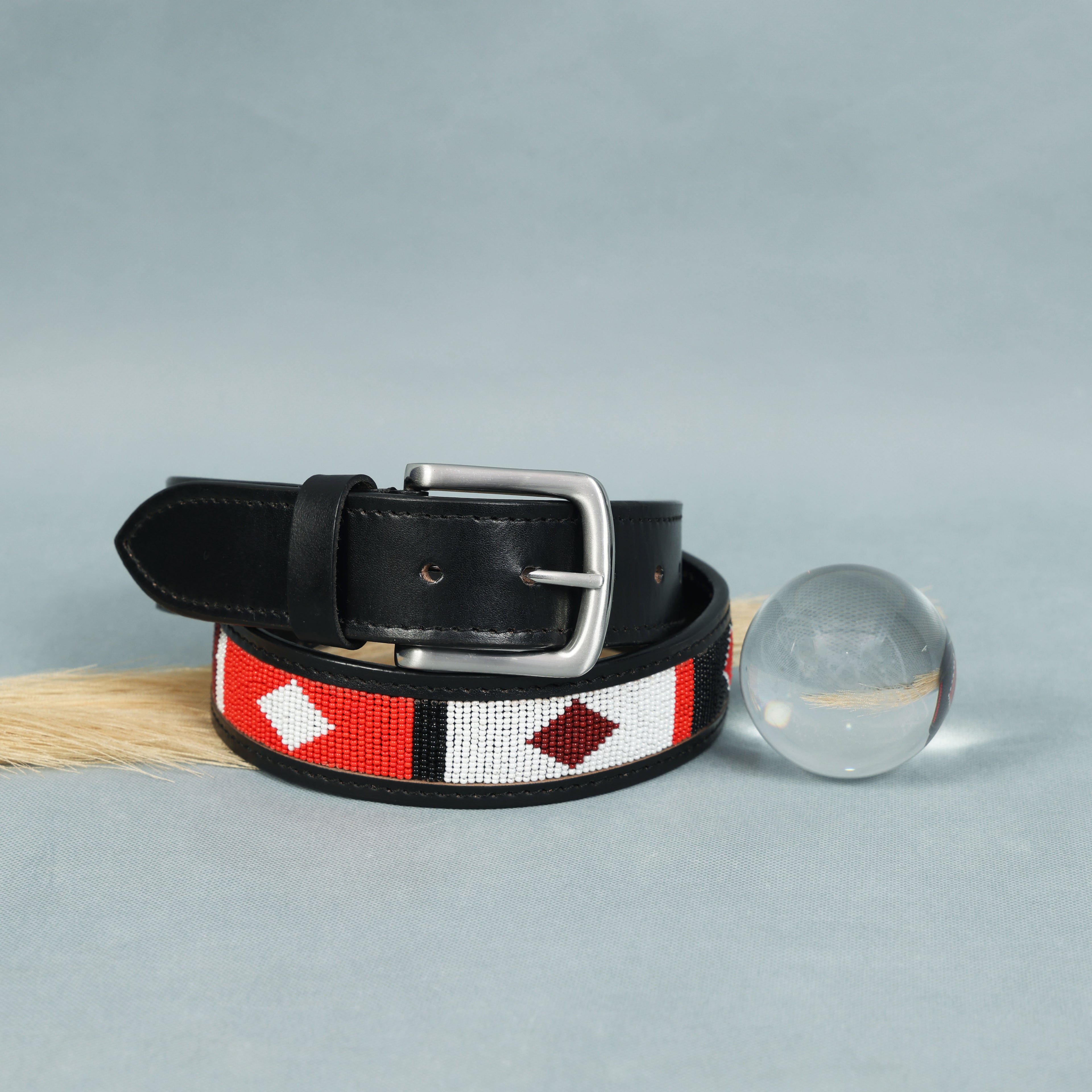 Gaucho Red Diamond Beaded Leather Belt – Handcrafted Western-Style Belt for Men & Women