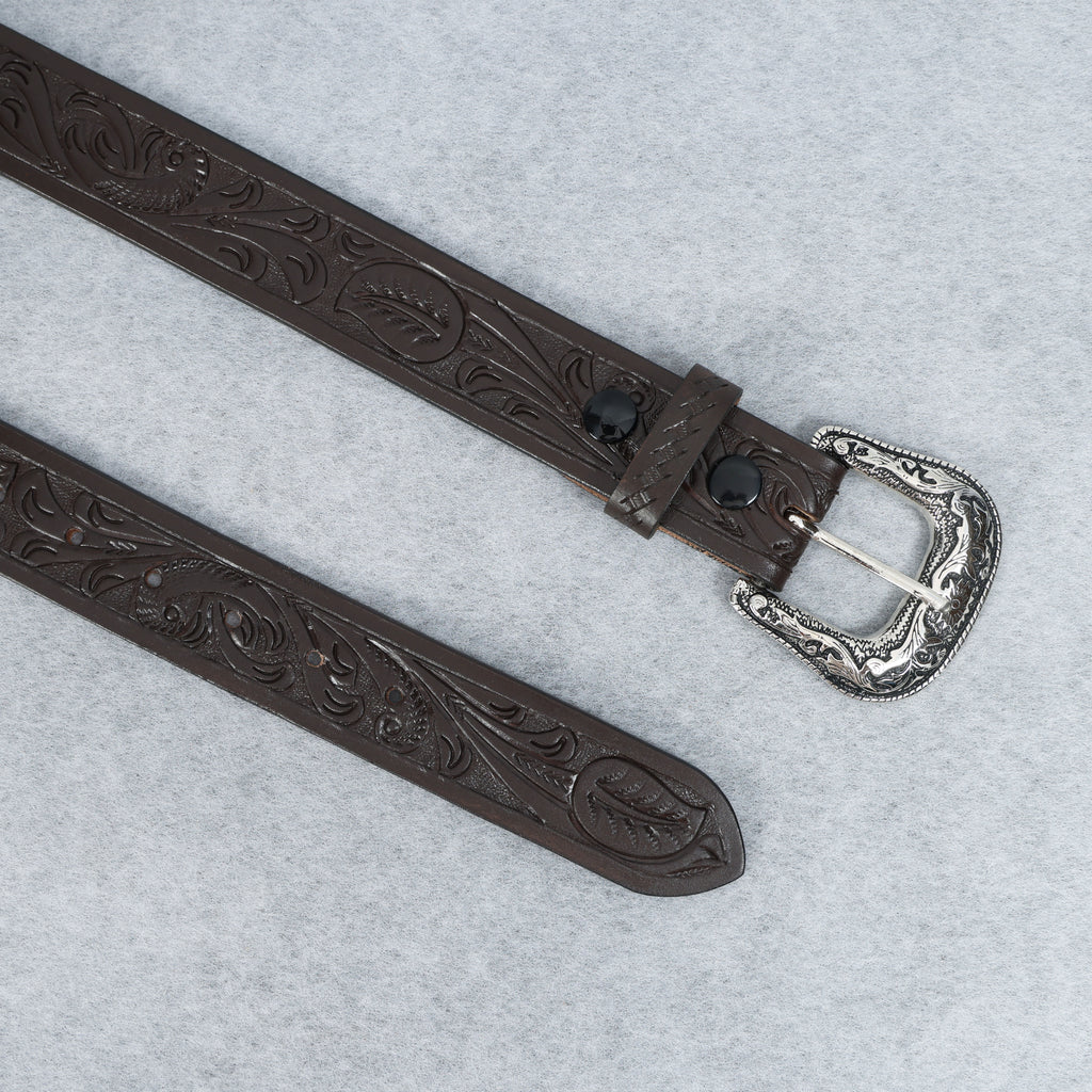 Dark Brown Leather Western Belt with Western Engraved Rustic Silver Buckle + Free Antique Plain Buckle