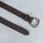 Dark Brown Leather Western Belt with Western Engraved Rustic Silver Buckle + Free Antique Plain Buckle