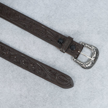 Berbanto Dark Brown Leather Western Belt with Western Engraved Rustic Silver Buckle + Free Antique Plain Buckle