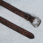 Berbanto Two Tone Brown Leather Western Belt with Western Engraved Rustic Silver Buckle + Free Antique Plain Buckle