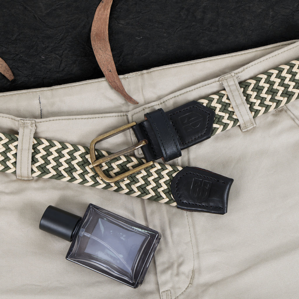 Golf Stretch Belt – Olive & Beige Zigzag with Black Leather Trim