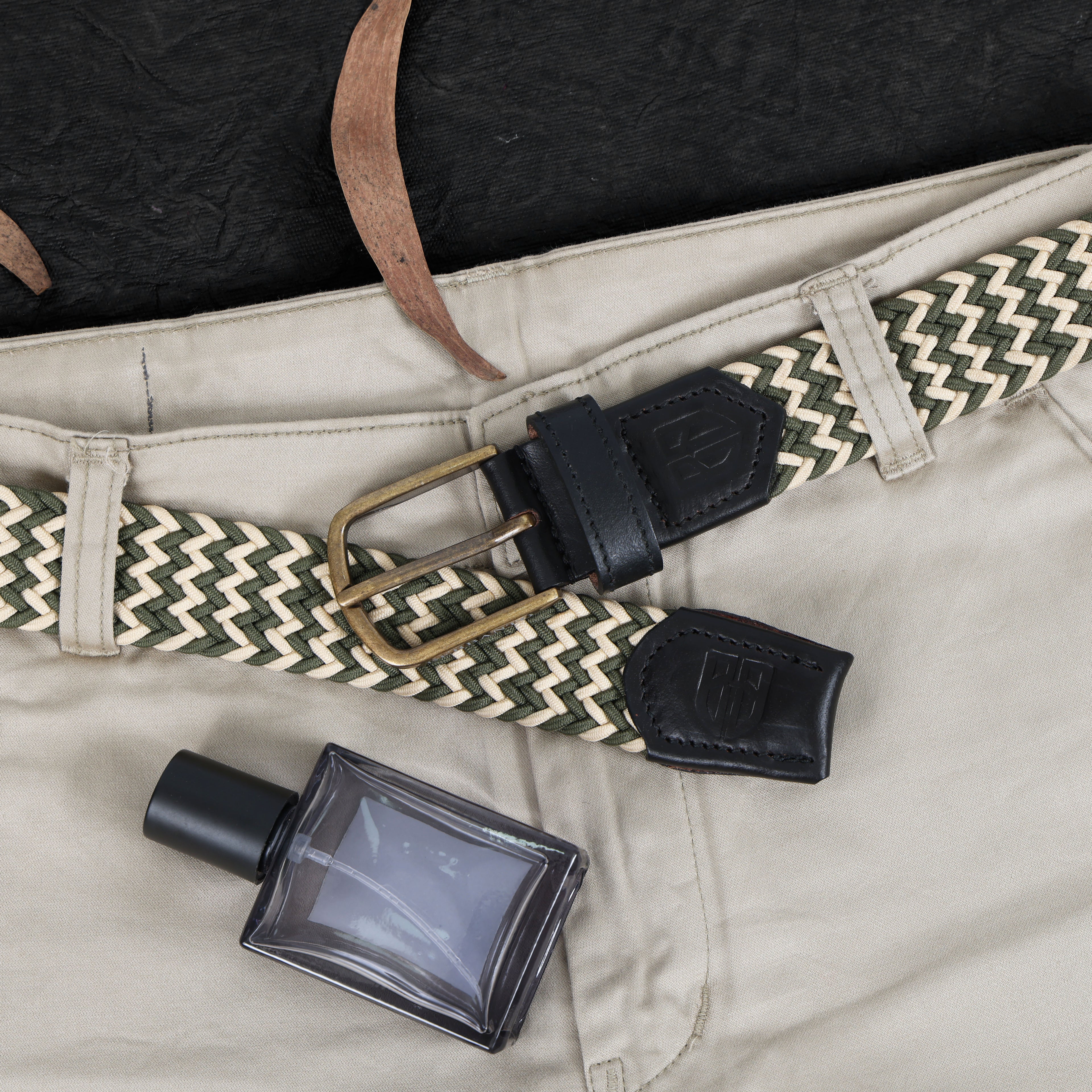Golf Stretch Belt – Olive & Beige Zigzag with Black Leather Trim