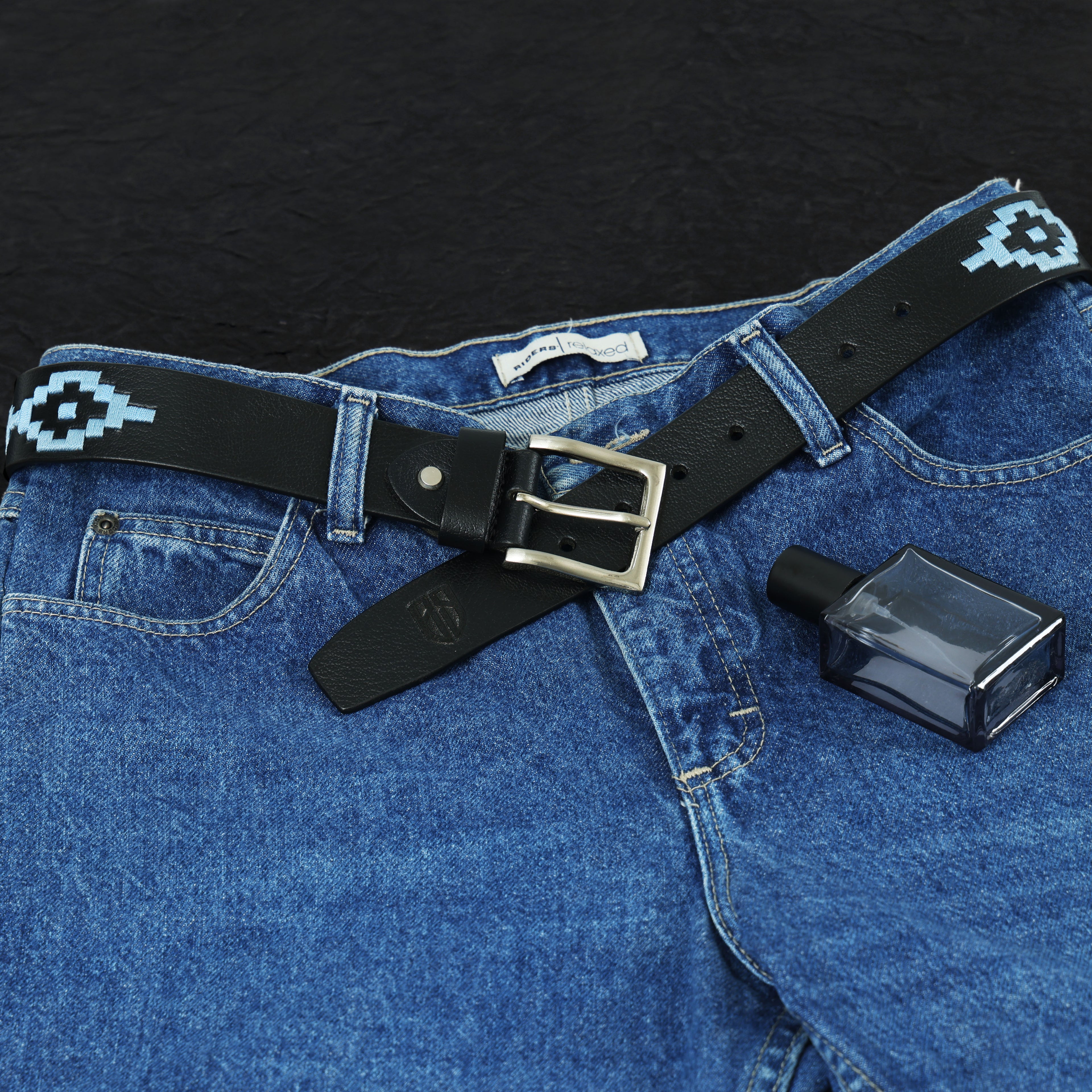Berbanto Sky Blue Polo Belt – Hand-Embroidered on Premium Full-Grain Black Leather