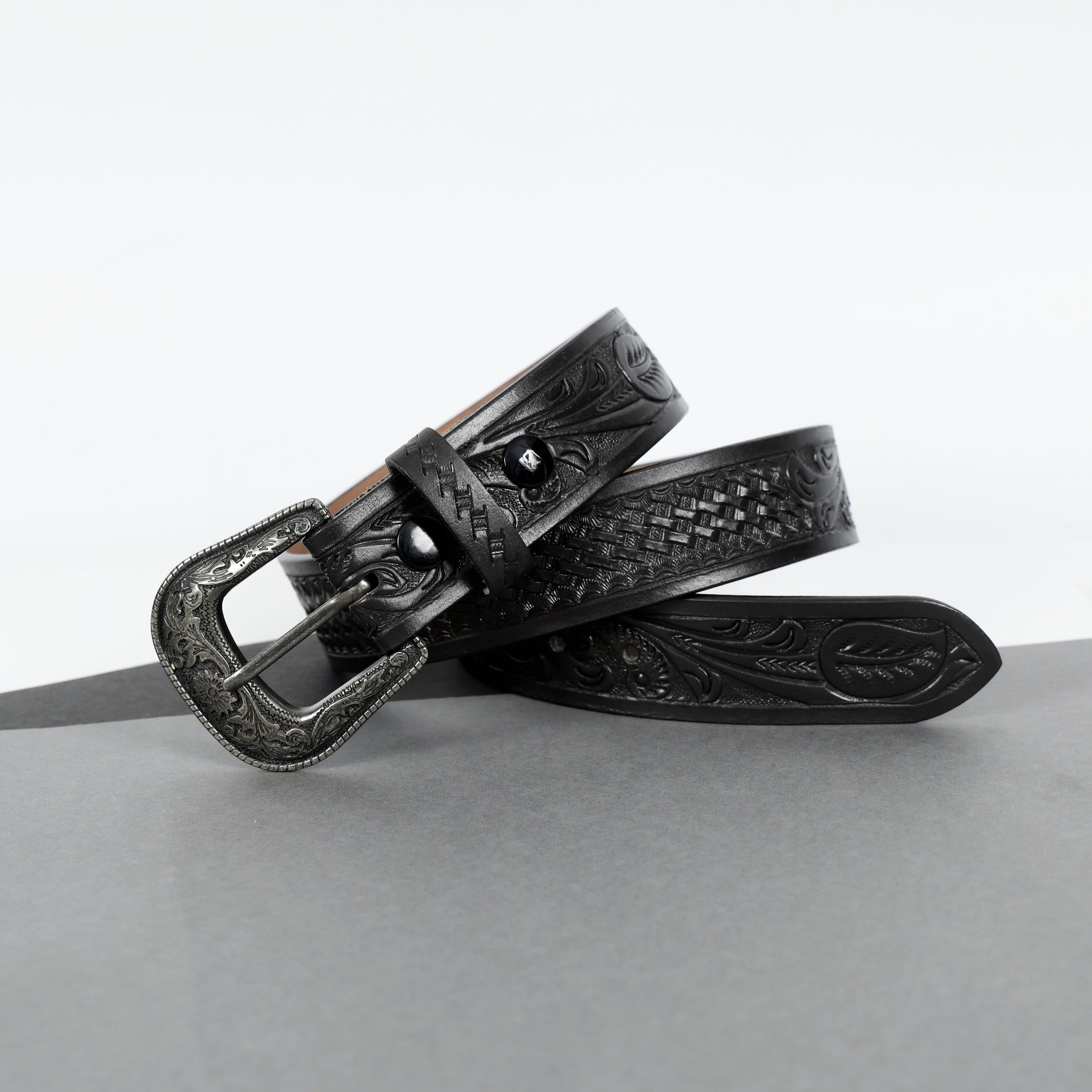 Black Leather Western Belt with Western Engraved Black Buckle + Free Antique Plain Buckle