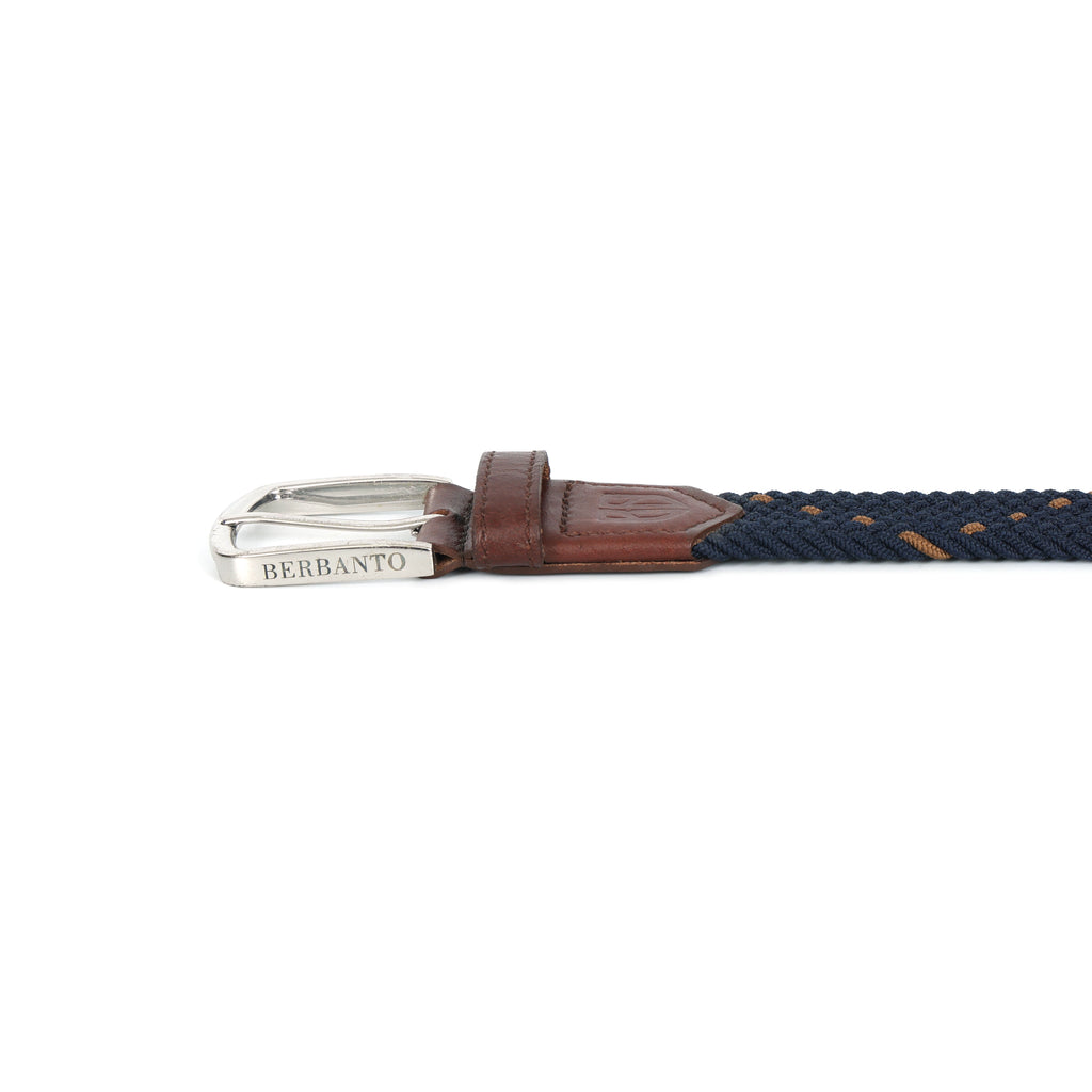 Golf Stretch Belt – Navy & Orange Dot with Brown Leather Trim
