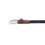 Golf Stretch Belt – Navy & Orange Dot with Brown Leather Trim