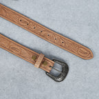 Berbanto Natural Leather Western Belt with Western Engraved Black Buckle + Free Antique Plain Buckle