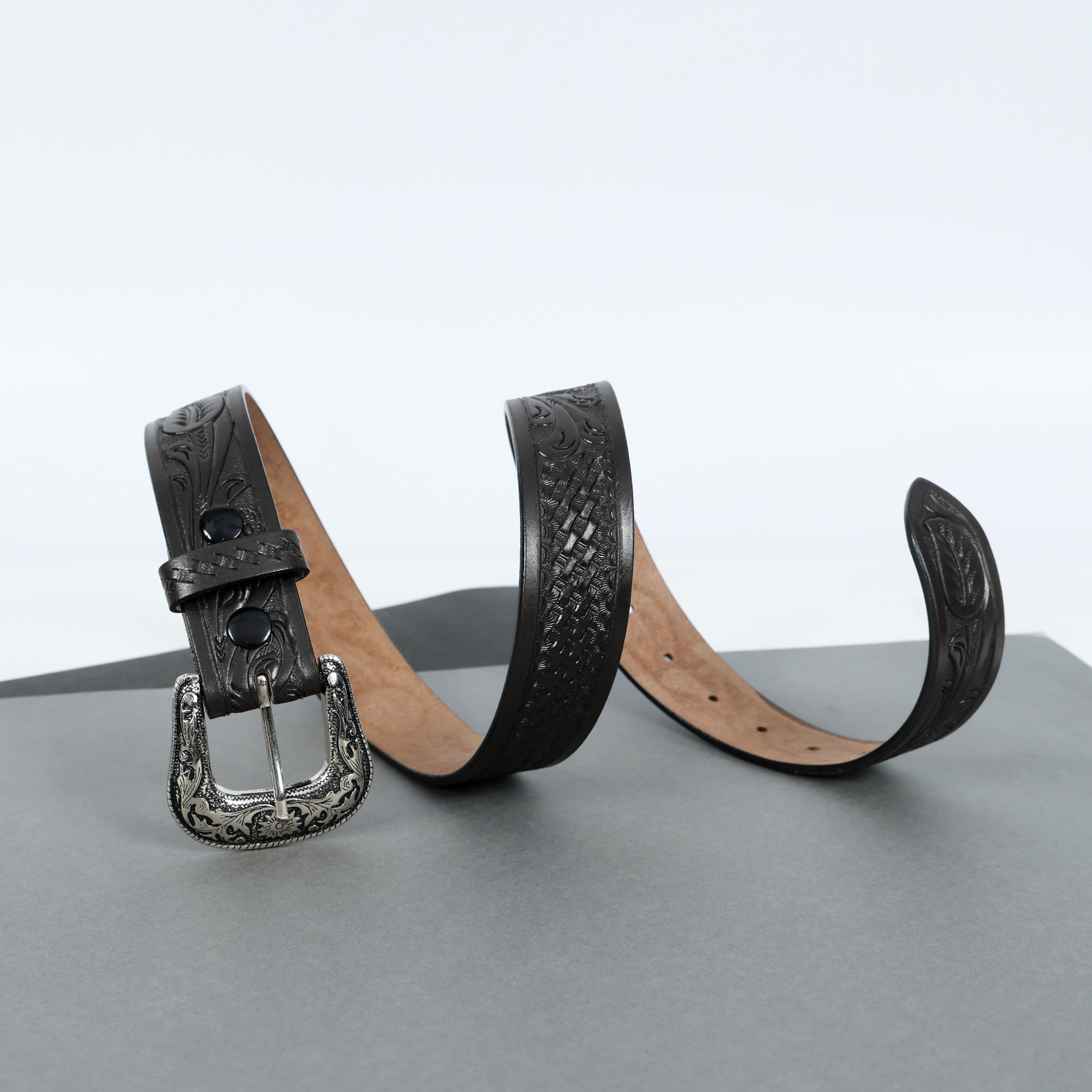 Black Leather Western Belt with Western Engraved Rustic Silver Buckle + Free Antique Plain Buckle