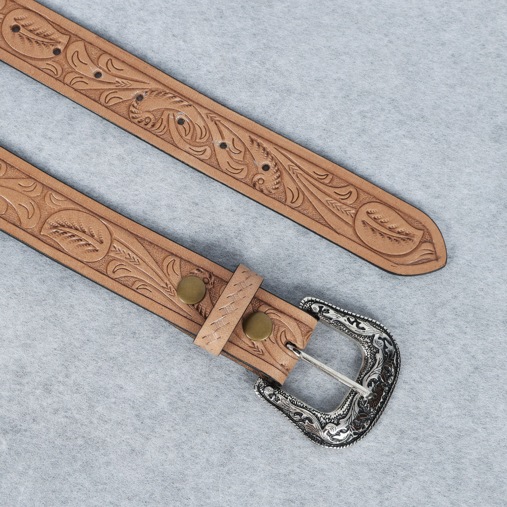 Berbanto Natural Leather Western Belt with Western Engraved Rustic Silver Buckle + Free Antique Plain Buckle
