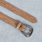 Berbanto Natural Leather Western Belt with Western Engraved Rustic Silver Buckle + Free Antique Plain Buckle