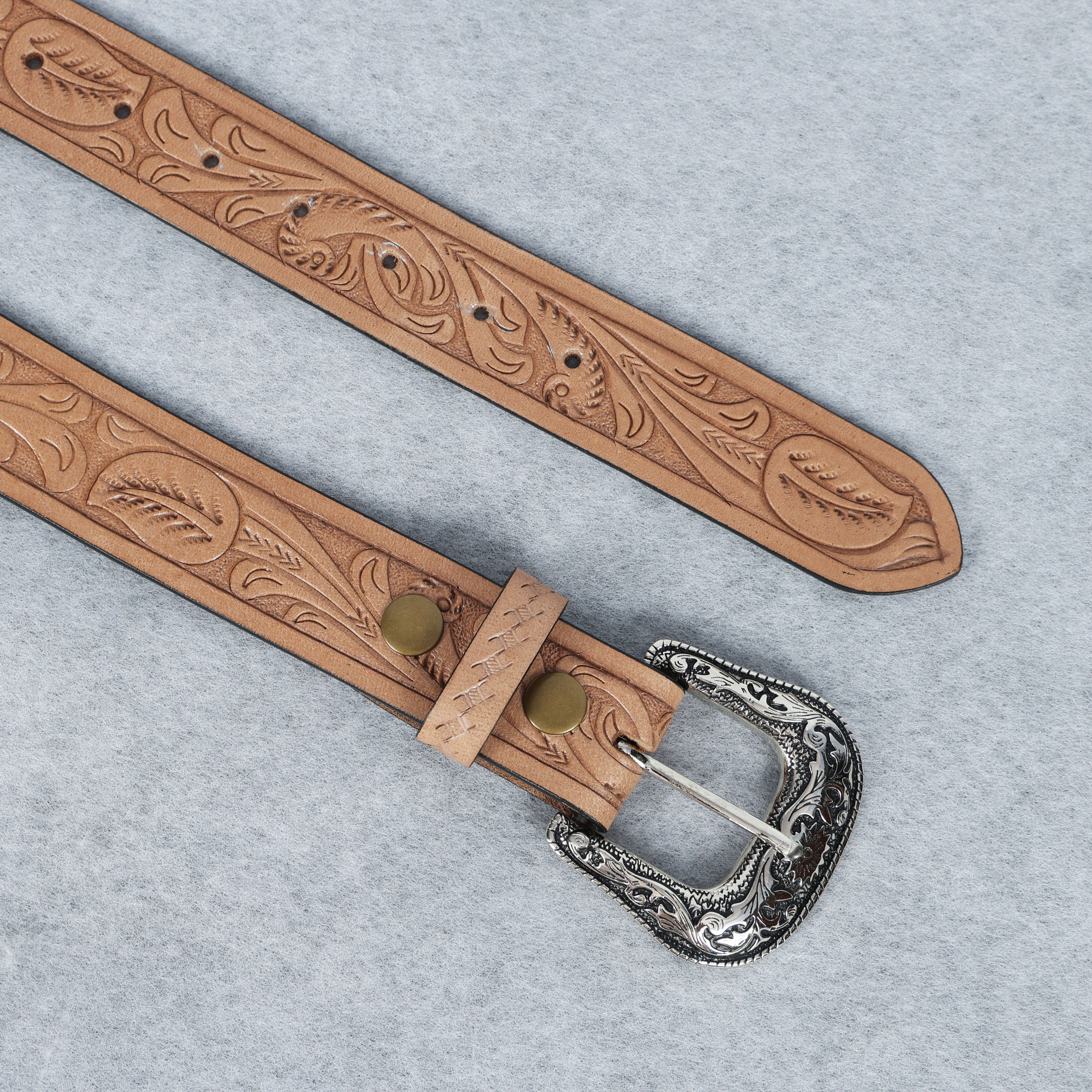 Berbanto Natural Leather Western Belt with Western Engraved Rustic Silver Buckle + Free Antique Plain Buckle