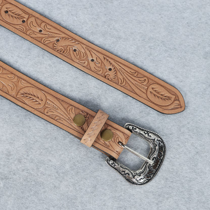 Berbanto Natural Leather Western Belt with Western Engraved Rustic Silver Buckle + Free Antique Plain Buckle