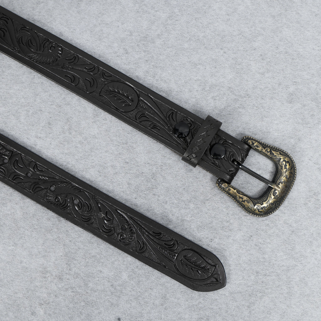 Black Leather Western Belt with Western Engraved Brass Buckle + Free Antique Plain Buckle