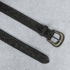 Black Leather Western Belt with Western Engraved Brass Buckle + Free Antique Plain Buckle