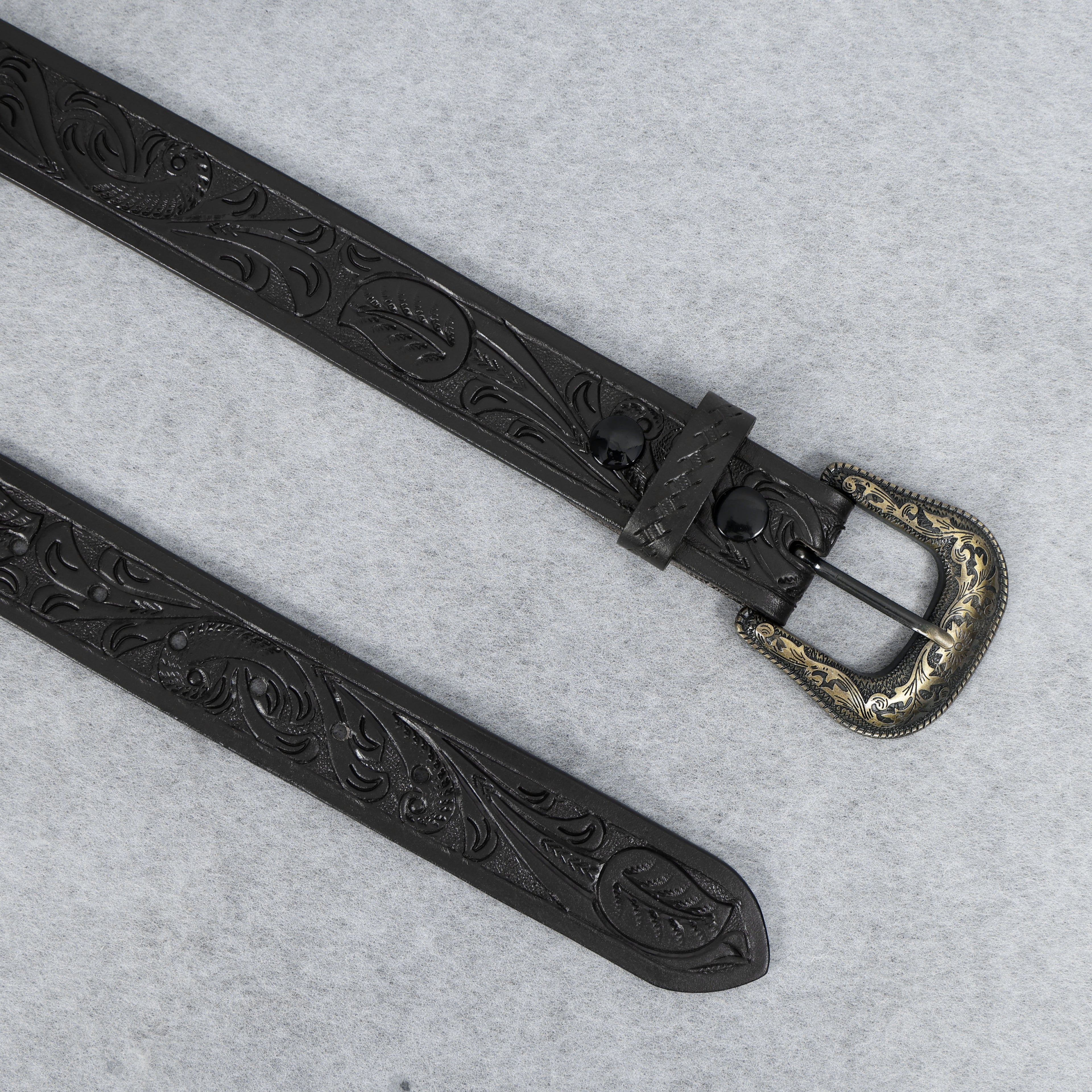 Black Leather Western Belt with Western Engraved Brass Buckle + Free Antique Plain Buckle