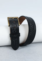 Black Leather Western Belt with Western Engraved Black Buckle + Free Antique Plain Buckle