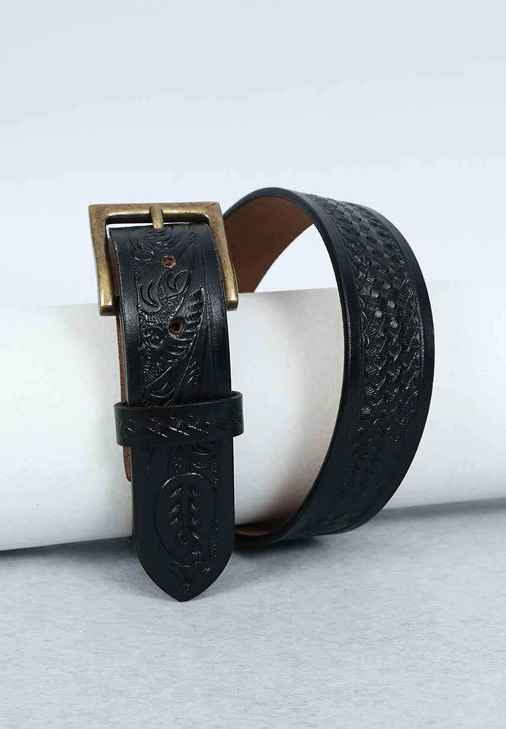 Black Leather Western Belt with Western Engraved Black Buckle + Free Antique Plain Buckle