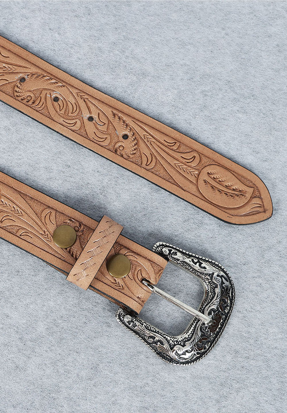 Berbanto Natural Leather Western Belt with Western Engraved Rustic Silver Buckle + Free Antique Plain Buckle