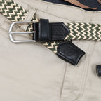 Golf Stretch Belt – Olive & Beige Zigzag with Black Leather Trim