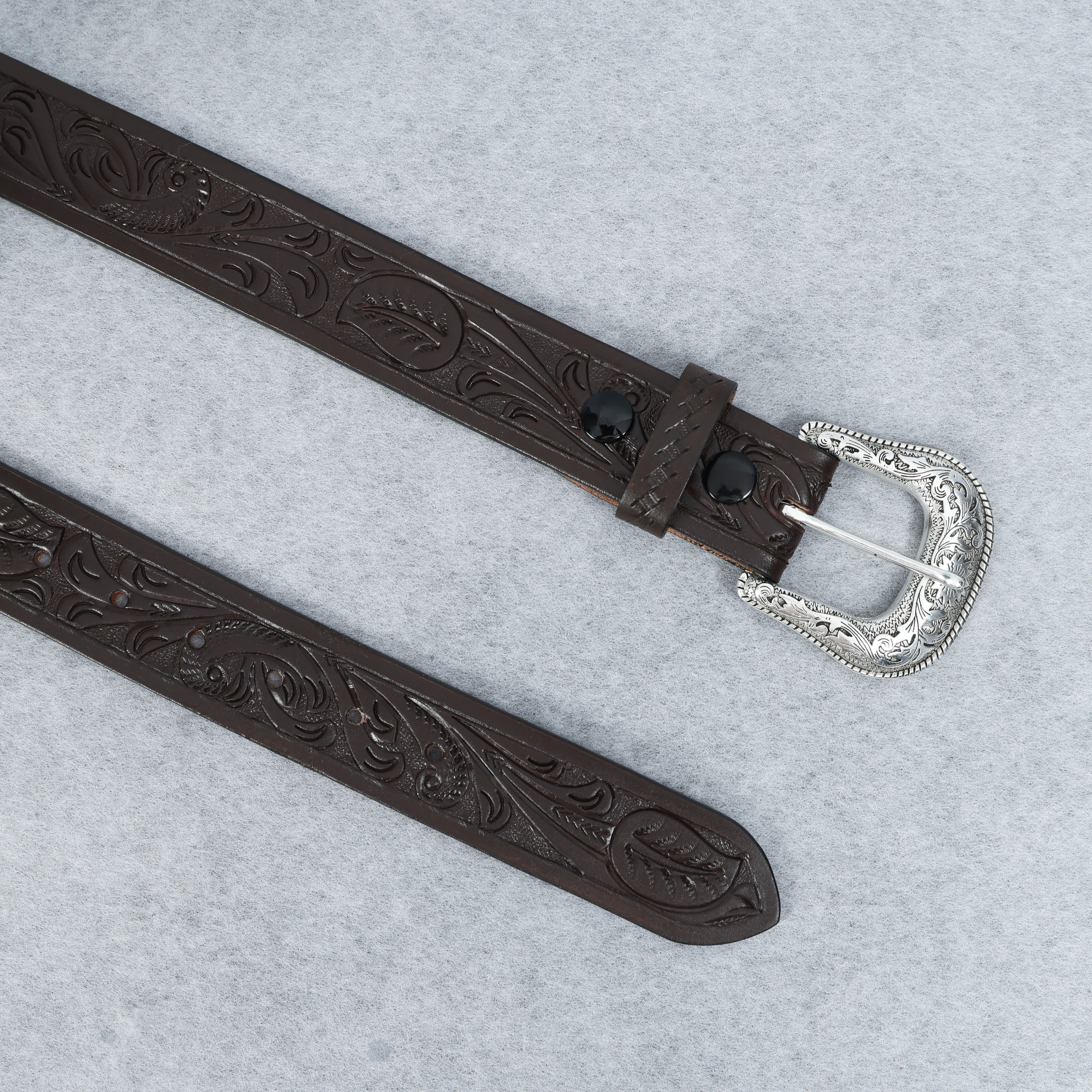 Dark Brown Leather Western Belt with Western Engraved Silver Buckle + Free Antique Plain Buckle